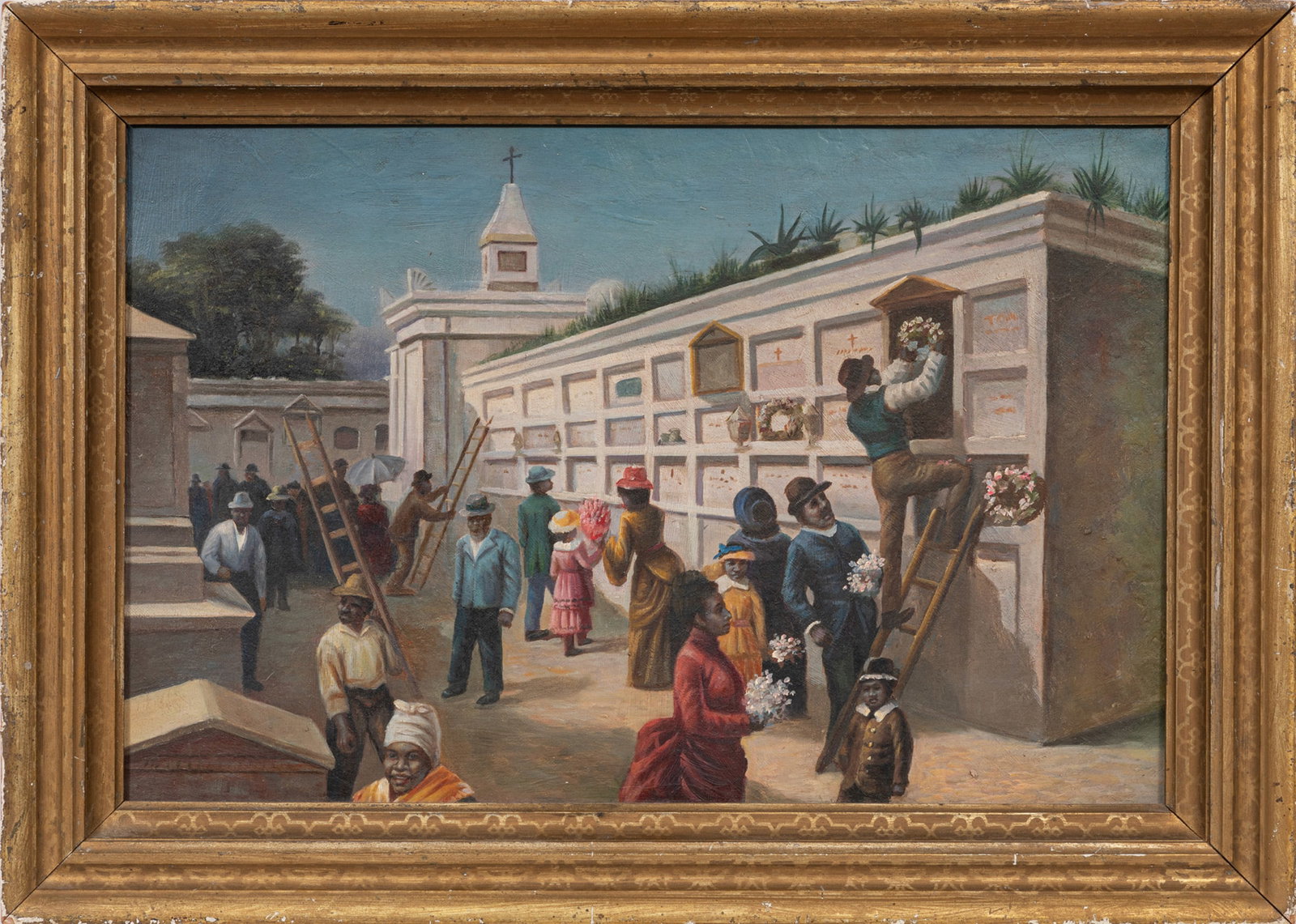 After John Durkin, American/New York 1868-1903, "All Saints Day in New Orleans ? Decorating the: After John Durkin American/New York, 1868-1903 "All Saints Day in New Orleans ? Decorating the Tombs in One of the City Cemeteries" oil on canvas unsigned, article and photograph taped en verso, frame