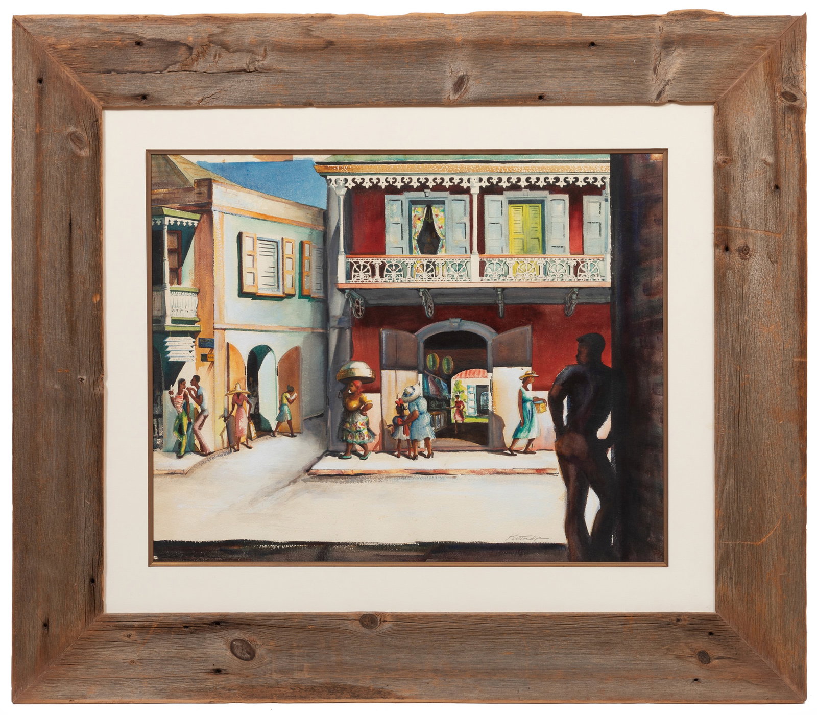 Kraemer Kittredge, American/Massachusetts 1905-1996, "Tropical Street Scene", watercolor on paper: Kraemer Kittredge American/Massachusetts, 1905-1996 "Tropical Street Scene" watercolor on paper pencil-signed lower right, framed. 22 3/8 x 28 in. (56.8 x 71.1 cm.), Frame: 36 7/8 x 42 3/4 x 1 1/8 in.