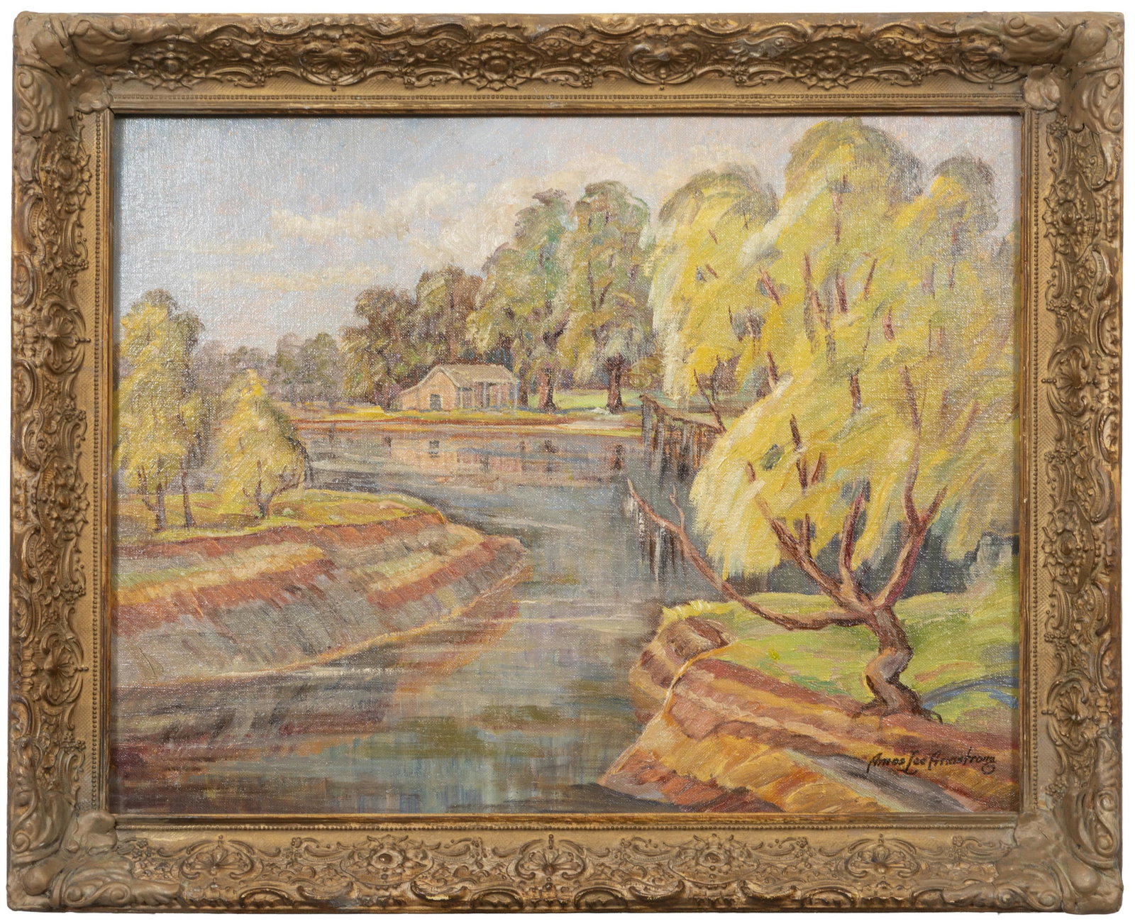 Amos Lee Armstrong, American/Louisiana 1899-1969, "River Banks", oil on canvas board: Amos Lee Armstrong American/Louisiana, 1899-1969 "River Banks" oil on canvas board signed lower right, signed, titled and personalized en verso, framed. 14 x 18 in. (35.6 x 45.7 cm.), Frame: 17 x 21 x