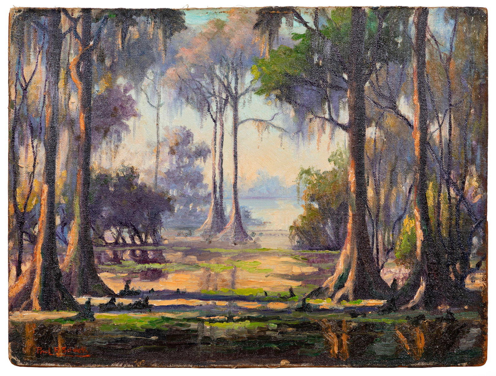 Paul Schick, American/Florida 1888-1975, "Bayou Scene", oil on canvas laid on masonite: Paul Schick American/Florida, 1888-1975 "Bayou Scene" oil on canvas laid on masonite signed lower left, unframed. 12 x 16 in. (30.5 x 40.6 cm.)