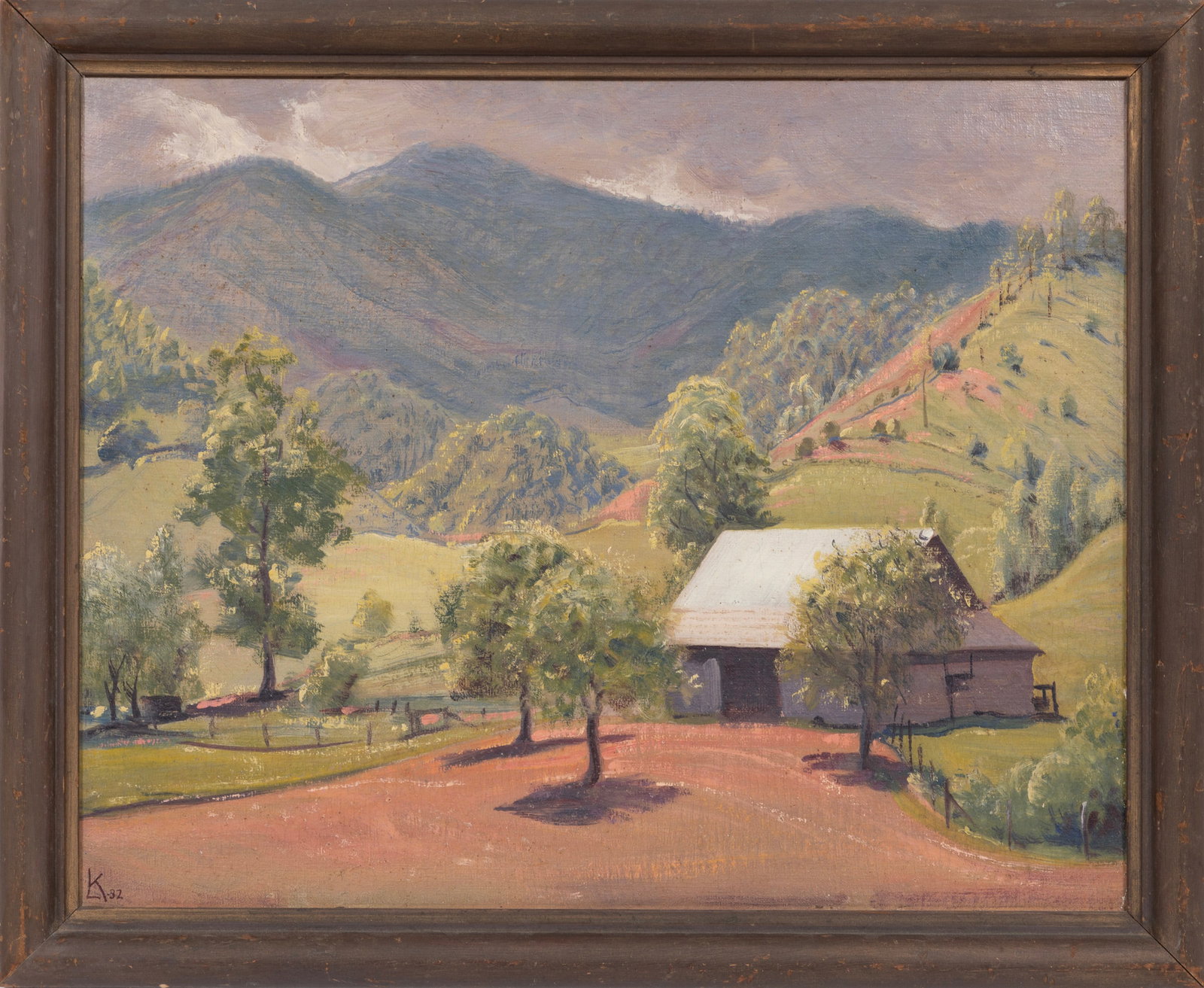 Lorentz Kleiser, American/New York 1879-1963, "Baldhead Mountain - Tennessee", oil on canvas board: Lorentz Kleiser American/New York, 1879-1963 "Baldhead Mountain - Tennessee" oil on canvas board 1932, initialed and dated lower left, signed, titled and inscribed en verso, framed. 15 7/8 x 20 in. (4