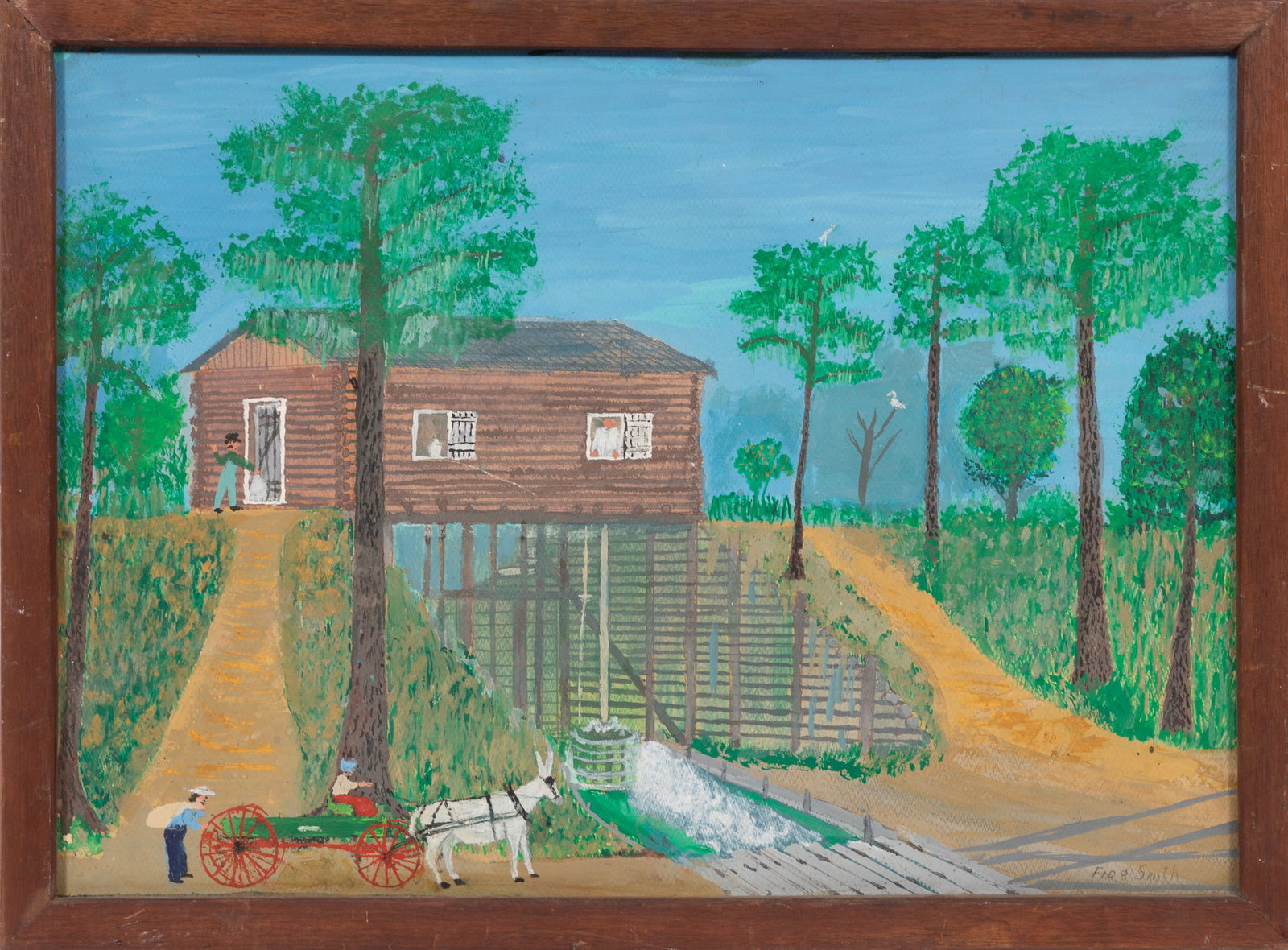 Frog Smith, American/Florida 1896-1993, "Water-Powered Grist Mill of Florida", acrylic on paper: Frog Smith American/Florida, 1896-1993 "Water-Powered Grist Mill of Florida" acrylic on paper mounted to panel signed lower right, partial sketch en verso, label with title taped to panel, framed. 17 