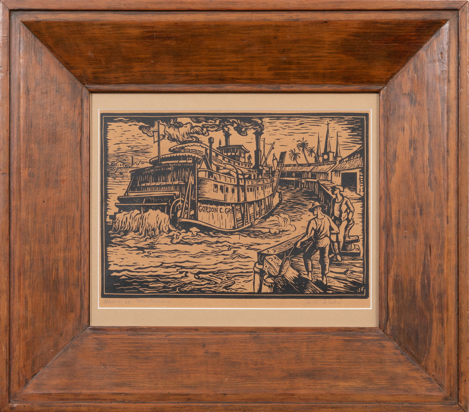 James A. Fisher, American/Louisiana 20th c., "Arrival in New Orleans", woodblock print on paper (1 of 4)