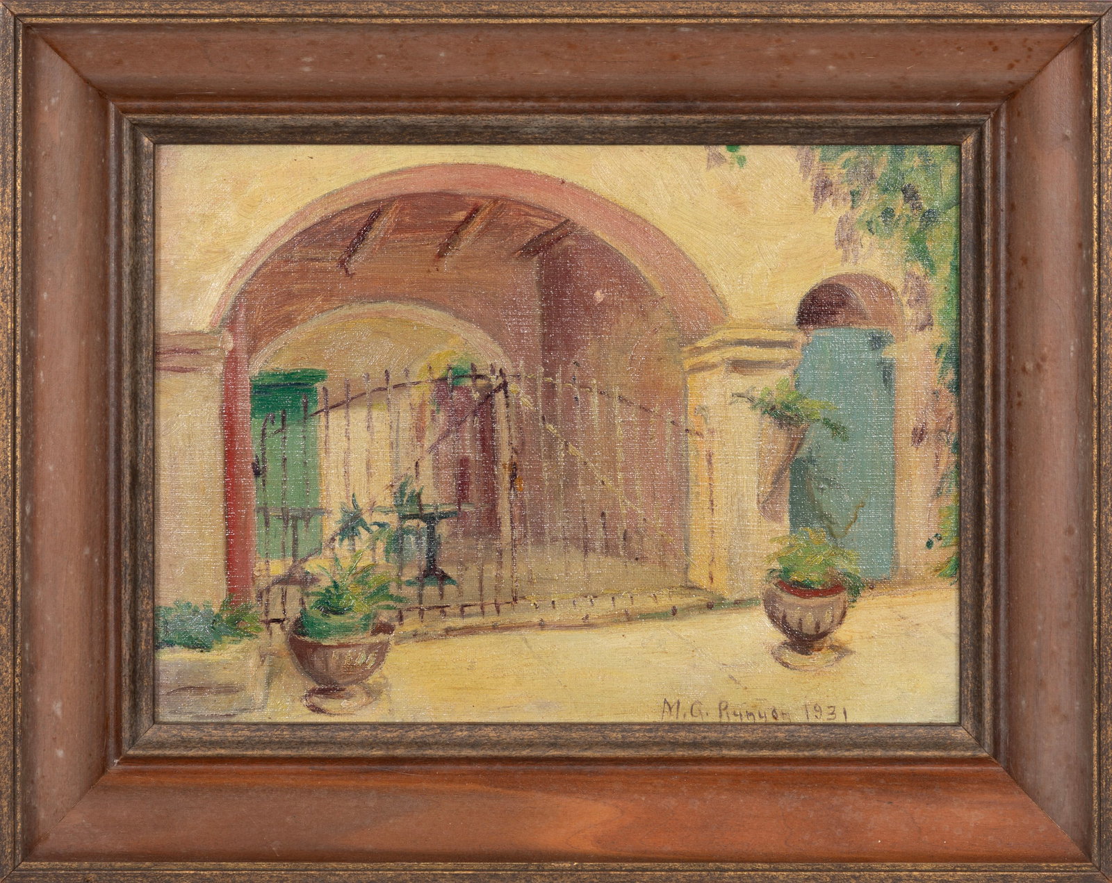 Manuel G. Runyan, American/Florida 1872-1954, "New Orleans Patio", oil on canvas board: Manuel G. Runyan American/Florida, 1872-1954 "New Orleans Patio" oil on canvas board 1931, signed and dated lower right, inscribed en verso, framed. 8 7/8 x 12 in. (22.5 x 30.5 cm.), Frame: 12 3/8 x 1
