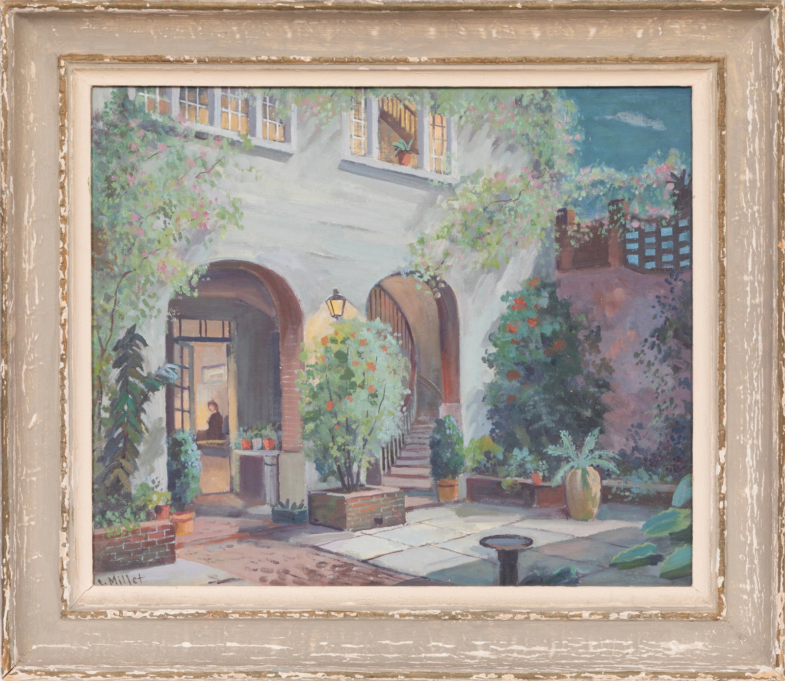 Clarence Millet, American/Louisiana 1897-1959, "French Quarter Courtyard", oil on canvas board: Clarence Millet American/Louisiana, 1897-1959 "French Quarter Courtyard" oil on canvas board signed lower left, framed. 15 x 18 in. (38.1 x 45.7 cm.), Frame: 19 3/4 x 22 3/4 x 1 7/8 in. (50.2 x 57.8 x
