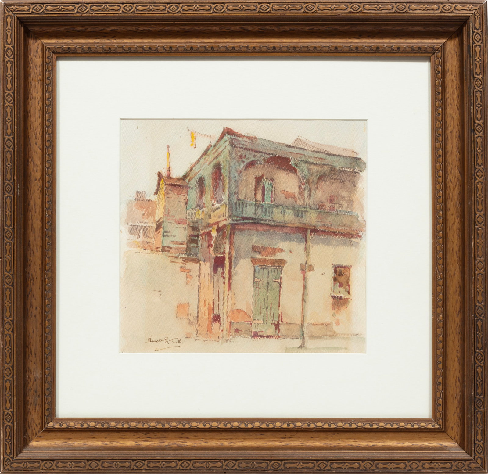 Arnold E. Turtle, British/Louisiana 1892-1954, "French Quarter Street Scene", watercolor on heavy: Arnold E. Turtle British/Louisiana, 1892-1954 "French Quarter Street Scene" watercolor on heavy paper signed lower left, illegibly pencil-titled lower left under mat, framed. 12 x 10 in. (30.5 x 25.4 