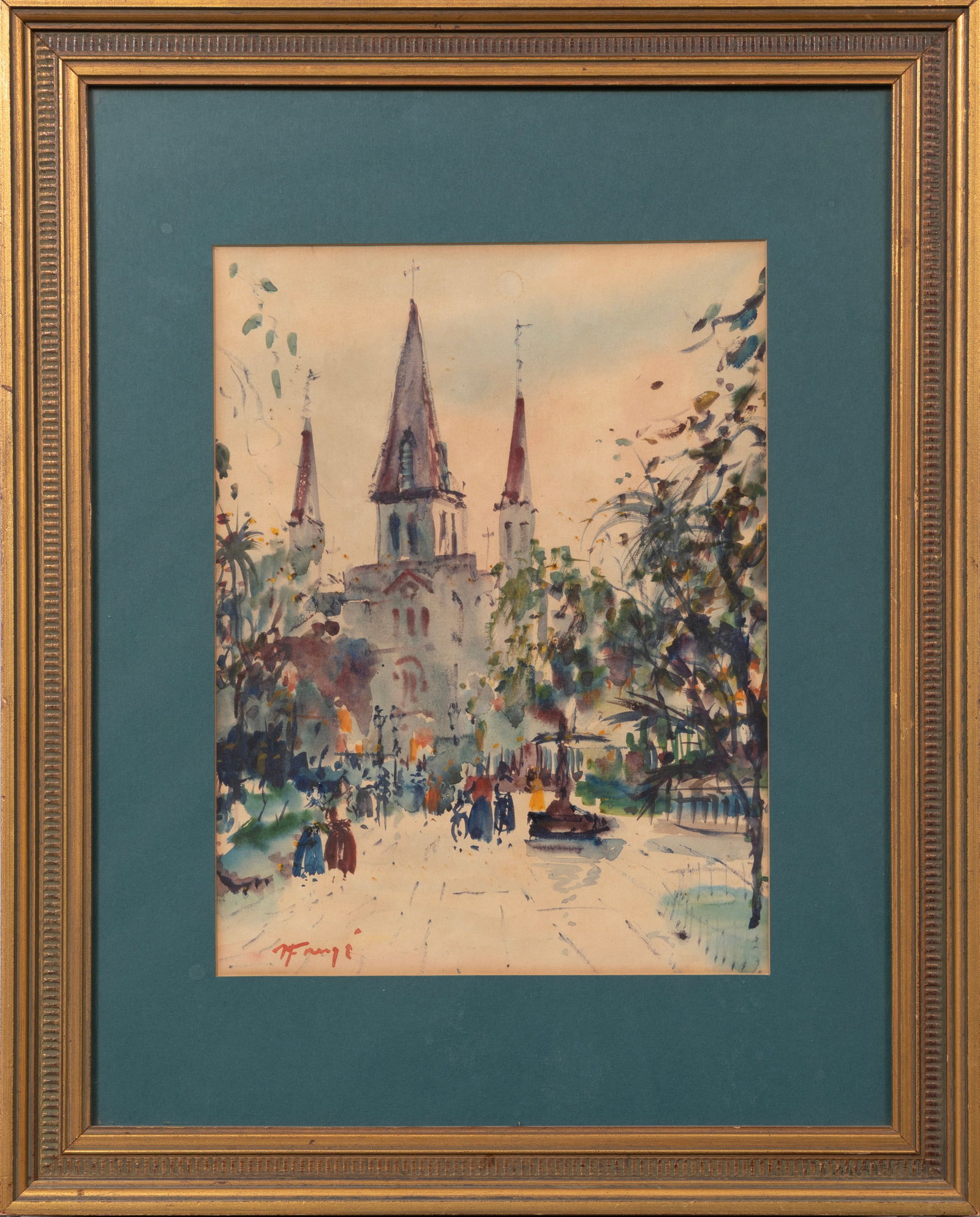 Nestor Hippolyte Fruge, American/Louisiana 1916-2012, "St. Louis Cathedral from Jackson Square",: Nestor Hippolyte Fruge American/Louisiana, 1916-2012 "St. Louis Cathedral from Jackson Square" watercolor on paper 1962, signed lower left, inscribed with artist, title and date, "E.L. Borenstein, Roy