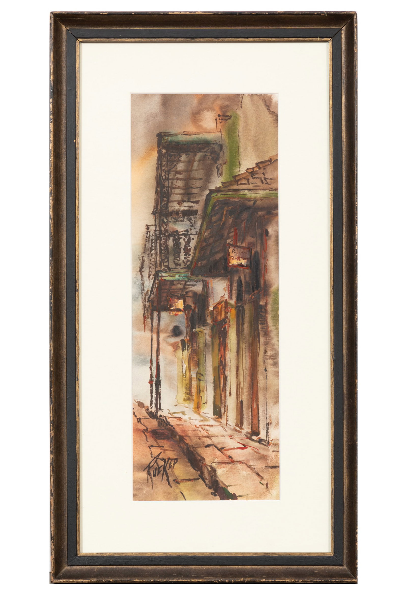 Robert Malcolm Rucker, American/Louisiana 1932-2001, "French Quarter Street Scene", watercolor on: Robert Malcolm Rucker American/Louisiana, 1932-2001 "French Quarter Street Scene" watercolor on board signed lower left, framed. 14 1/4 x 5 5/8 in. (36.2 x 14.3 cm.), Frame: 19 1/2 x 10 1/2 x 1 in. (4