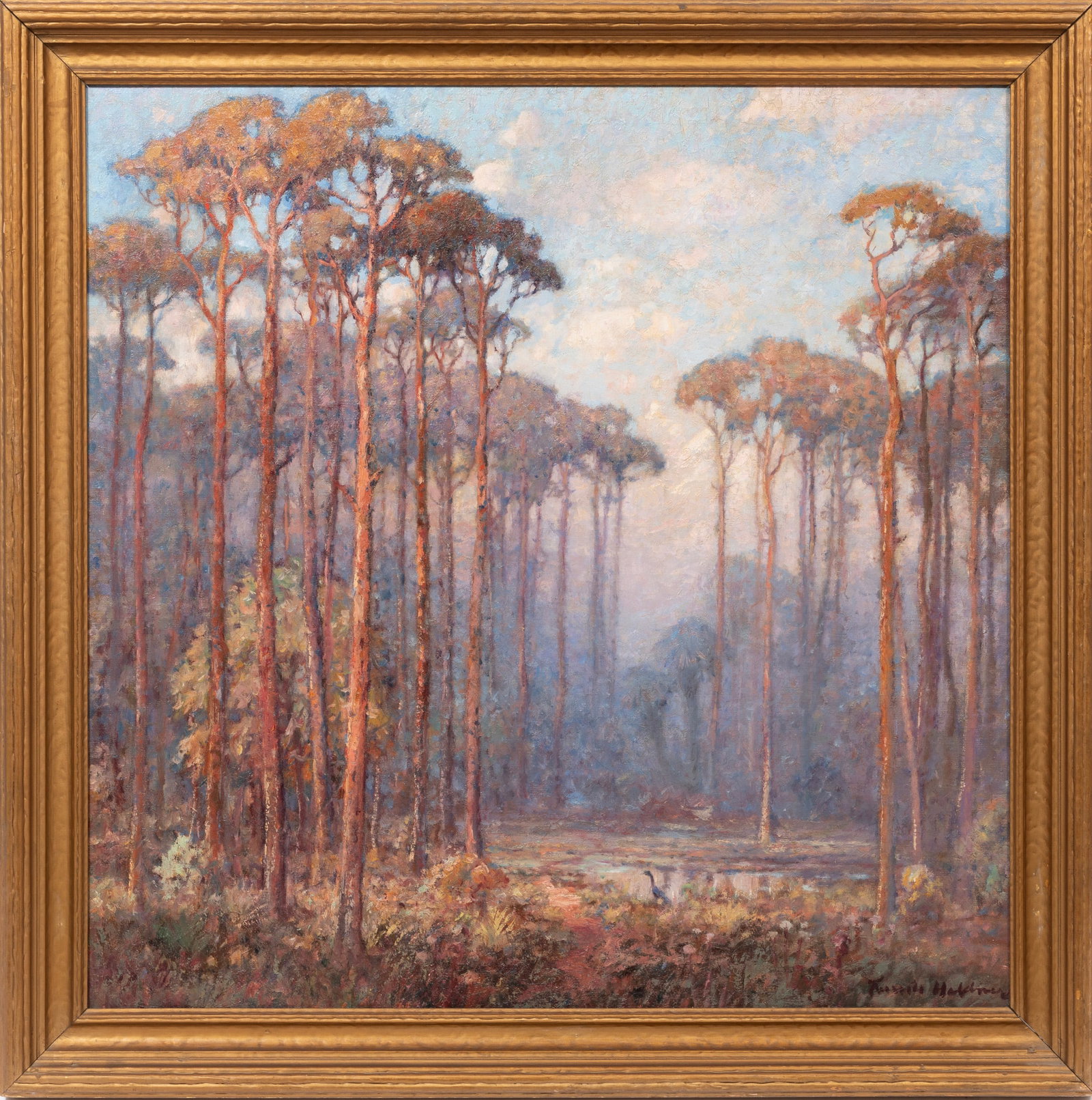 Knute Heldner, Swedish/Louisiana 1877-1952, "Heron's Pool", oil on canvas: Knute Heldner Swedish/Louisiana, 1877-1952 "Heron's Pool" oil on canvas signed lower right, partial "...rt Museum - State Exhibit Building" label with artist and title on reverse of frame, framed. Pro