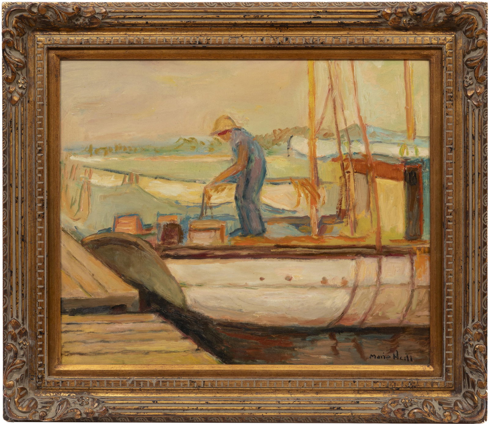 Marie Hull, American/Mississippi 1890-1980, ?Sponge Fishing Boat, Tarpon Springs ? Florida?, oil on: Marie Hull American/Mississippi, 1890-1980 ?Sponge Fishing Boat, Tarpon Springs ? Florida? oil on canvas board signed lower right, signed, titled and inscribed en verso, framed. 19 3/4 x 24 in. (50.2 