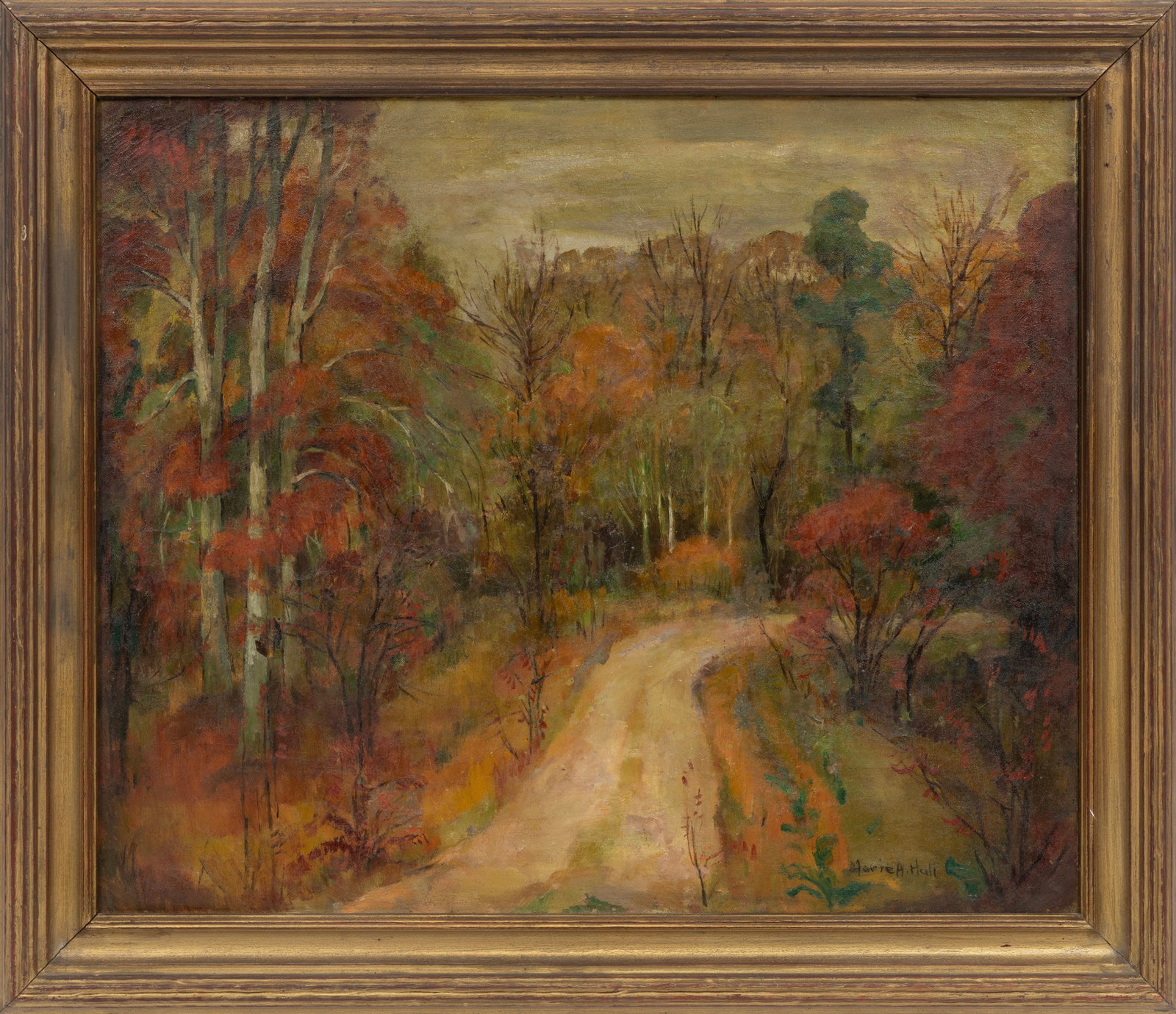 Marie Hull, American/Mississippi 1890-1980, ?River Road?, oil on canvas: Marie Hull American/Mississippi, 1890-1980 ?River Road? oil on canvas 1945, signed lower right, signed, titled, dated and inscribed en verso, framed. Note: ?Progress and change are the essence of livi
