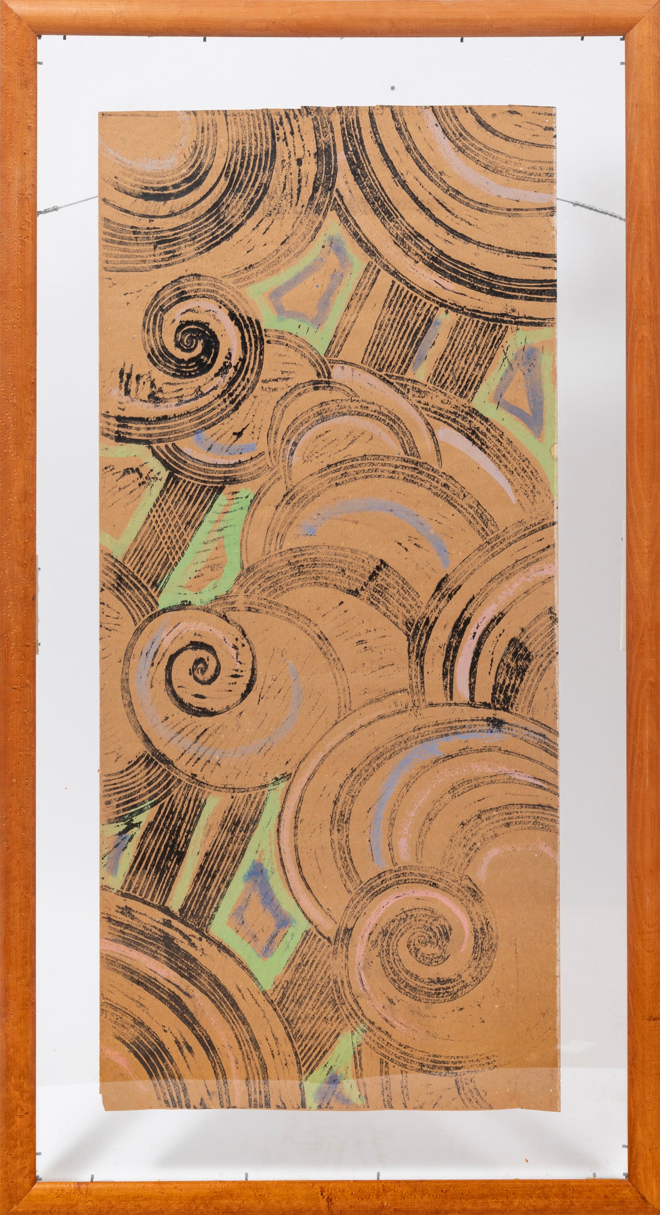 Walter Inglis Anderson, American/Mississippi 1903-1965, "Clouds", hand-colored linocut on wallpaper: Walter Inglis Anderson American/Mississippi, 1903-1965 "Clouds" hand-colored linocut on wallpaper unsigned, printed "Run Fade Resistant" en verso, framed in double-sided glass. Provenance: Collection 