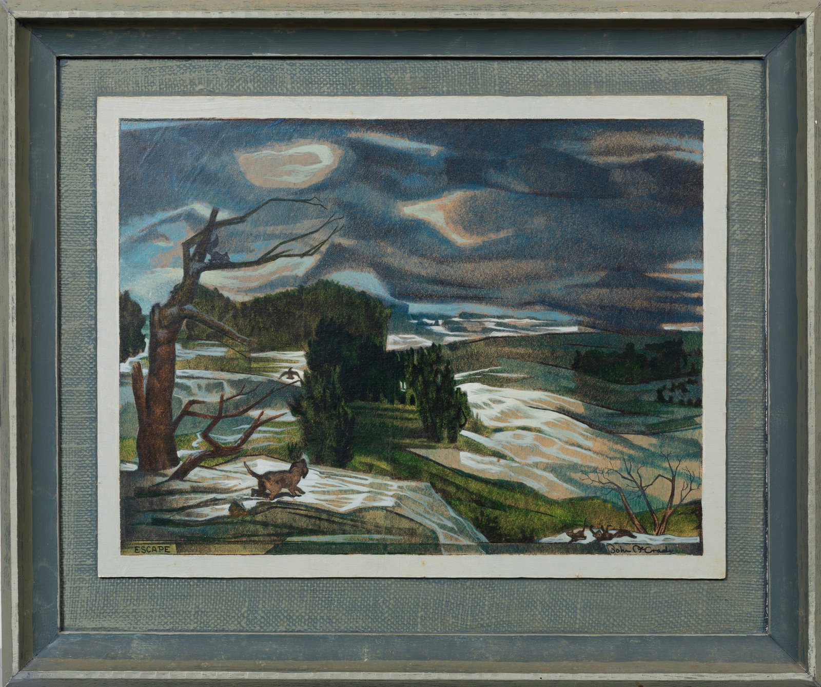 John McCrady, American/Mississippi 1911-1968, "Escape", carbon acrylic on paper laid on board (1 of 5)