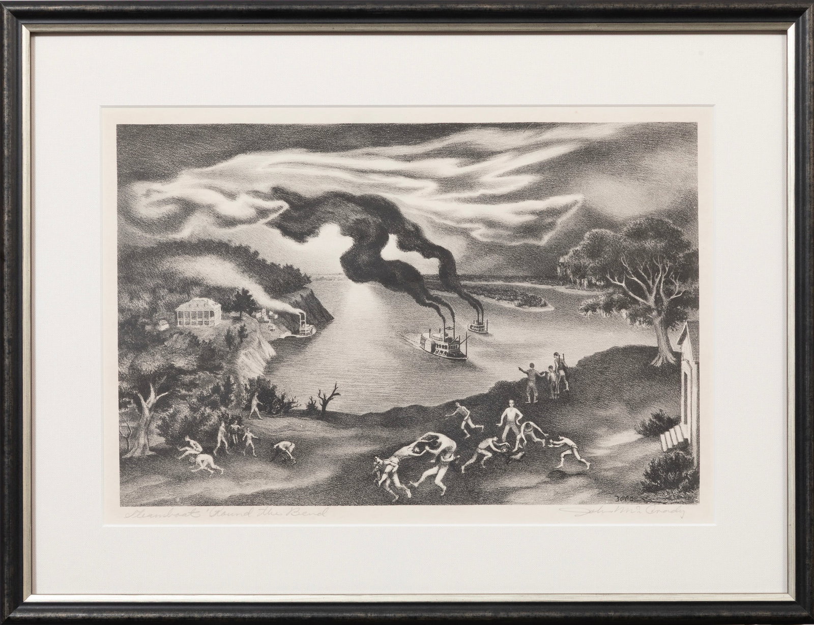 John McCrady, American/Mississippi 1911-1968, "Steamboat 'Round the Bend", lithograph on paper: John McCrady American/Mississippi, 1911-1968 "Steamboat 'Round the Bend" lithograph on paper pencil-signed and titled lower margin, signed in plate, framed. Provenance: Collection of Cynthia A. Samuel