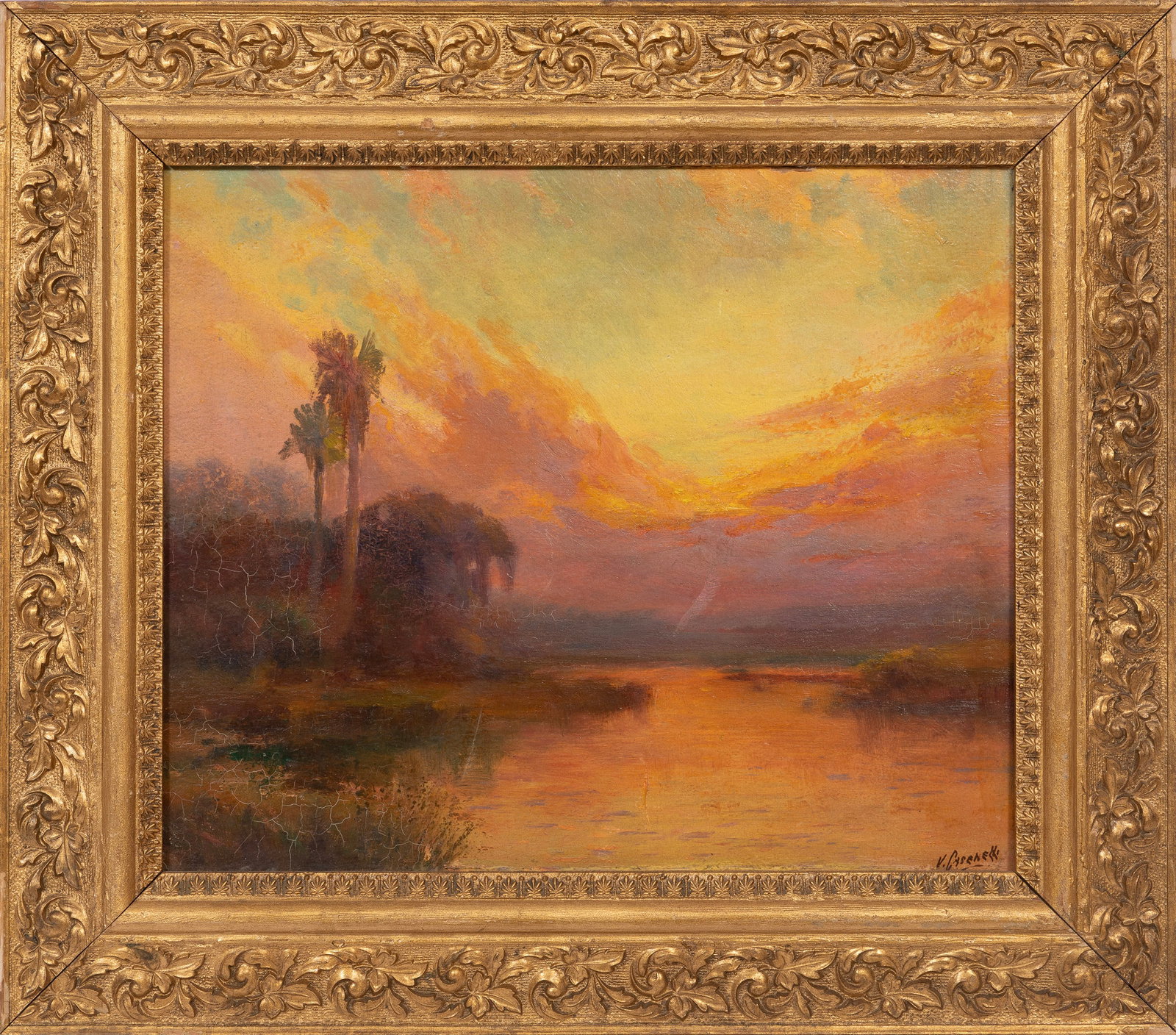 Victor Casenelli, American 1867-1961, "Florida Sunset", oil on board: Victor Casenelli American, 1867-1961 "Florida Sunset" oil on board signed lower right, framed. 10 7/8 x 13 1/8 in. (27.6 x 33.3 cm.), Frame: 15 5/8 x 17 3/4 x 1 in. (39.7 x 45.1 x 2.5 cm.)