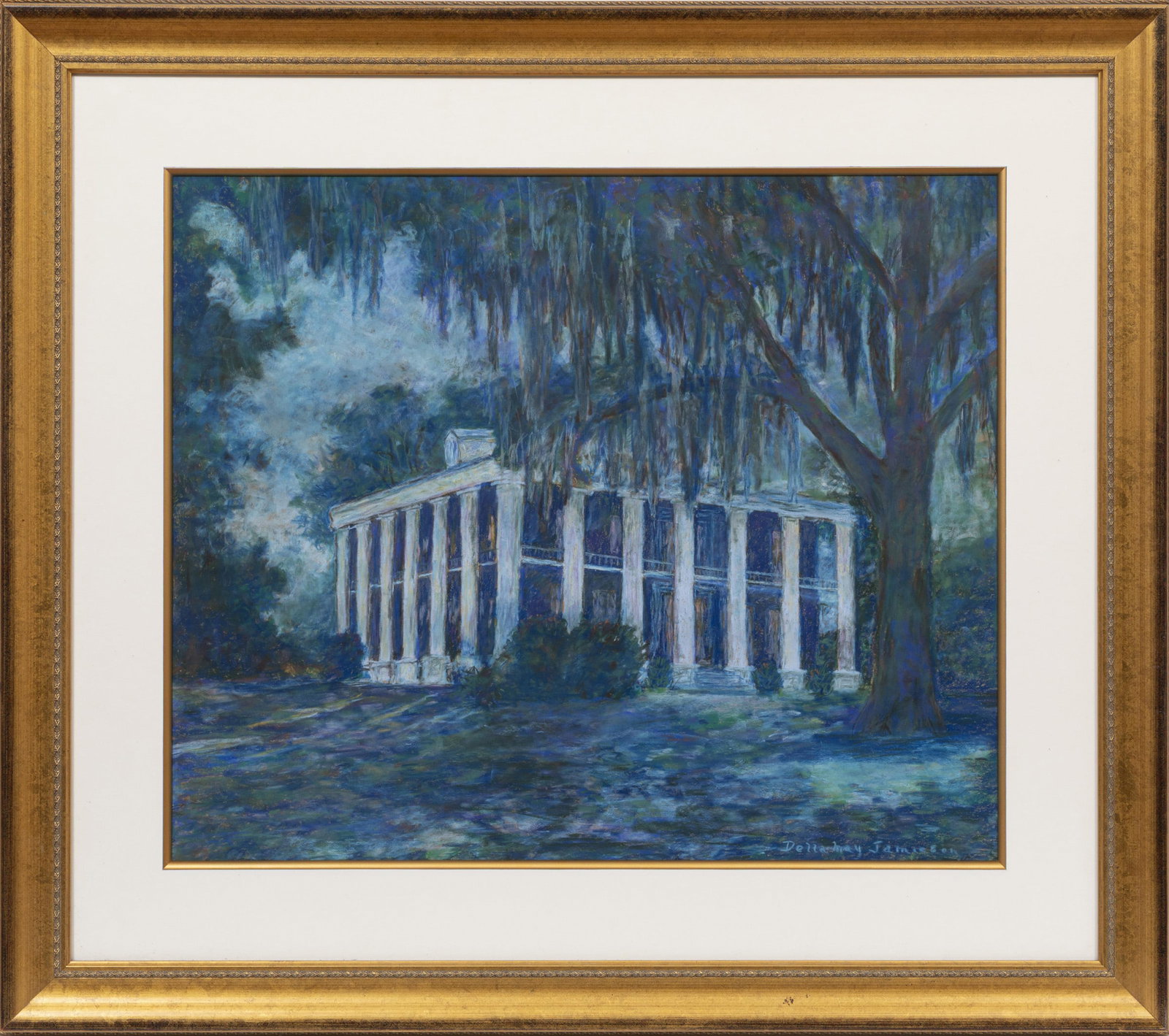 Della May Jamieson, American/Louisiana 20th c., "Ashland-Belle Helene Plantation", pastel on paper: Della May Jamieson American/Louisiana, 20th c. "Ashland-Belle Helene Plantation" pastel on paper signed lower right, "Cream Color Niagara Paper Devoe New York" manufacturers stamp en verso, framed. 21
