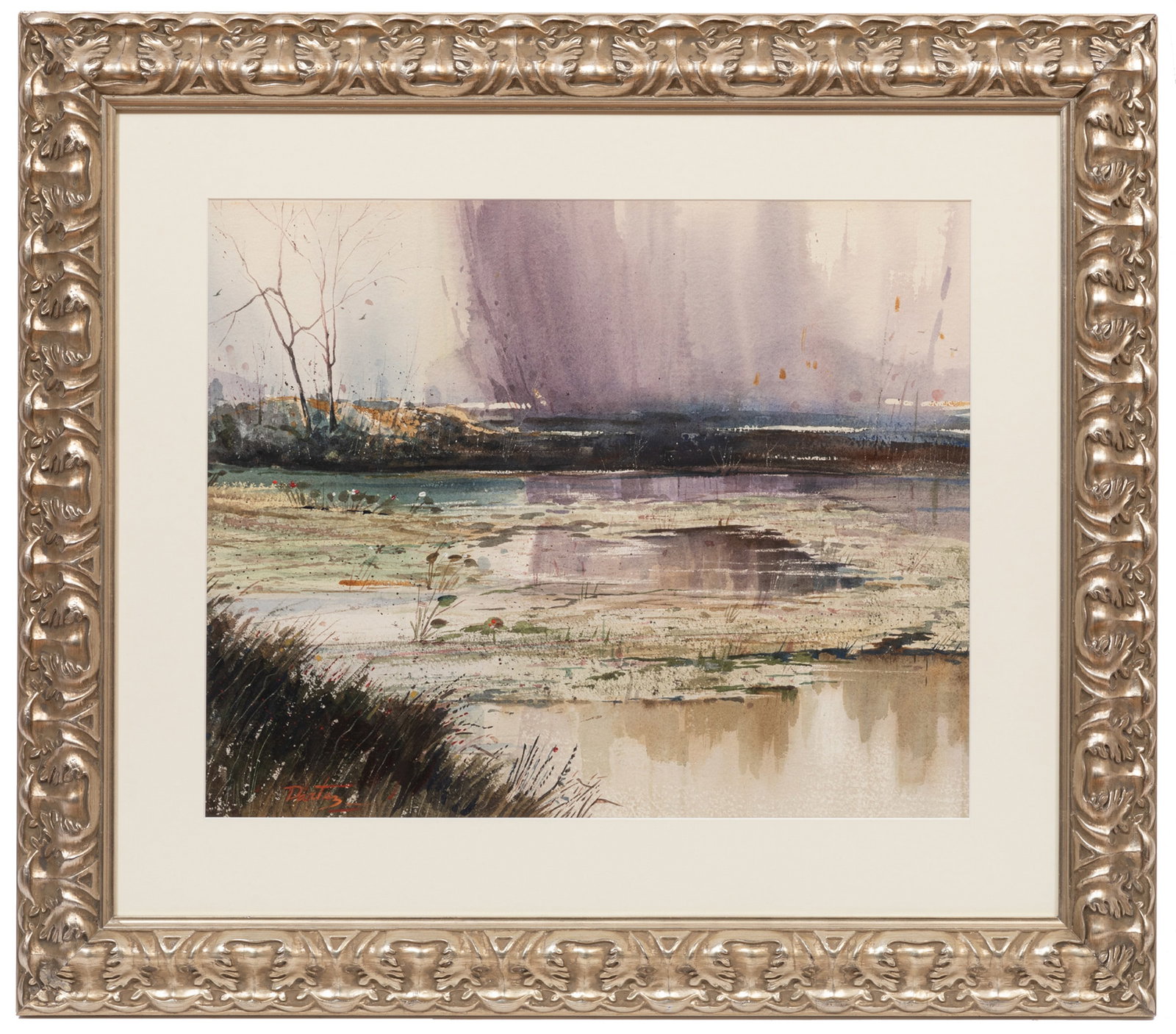Paul Dartez, American/Louisiana 1919-1995, "Pond", double-sided watercolor on paper: Paul Dartez American/Louisiana, 1919-1995 "Pond" double-sided watercolor on paper signed lower left, titled lower center under mat, signed landscape with house en verso, framed. 22 1/4 x 27 1/2 in. (5