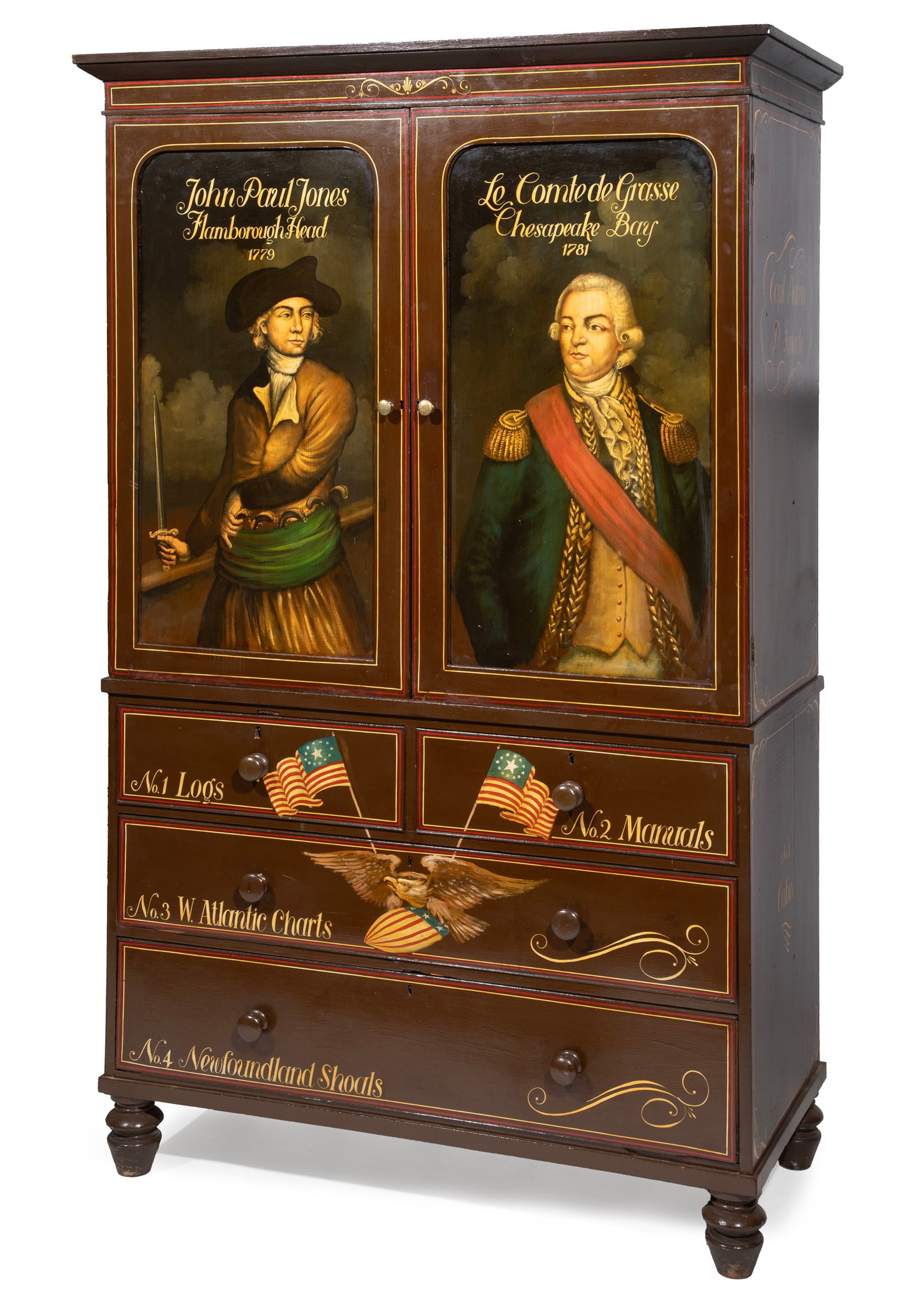 Americana Nautical Ship's Captain Painted Linen Press: Americana Nautical Ship's Captain Painted Linen Press 19th c., later paint, depicting John Paul Jones (Captain of the USS Bonhomme Richard) at the Battle of Flamborough Head, Yorkshire and Francois Jo