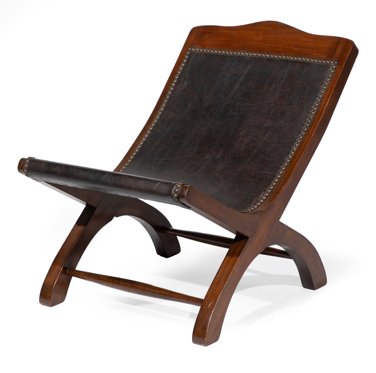 Fine Benchmade Mahogany Diminutive Campeche Chair: Fine Benchmade Mahogany Diminutive Campeche Chair c. 1973, signed Gert Uthman, Nashville, TN, nail head leather upholstery, curule base turned stretchers 22 x 18 x 26 1/2 in. (55.9 x 45.7 x 67.3 cm.)
