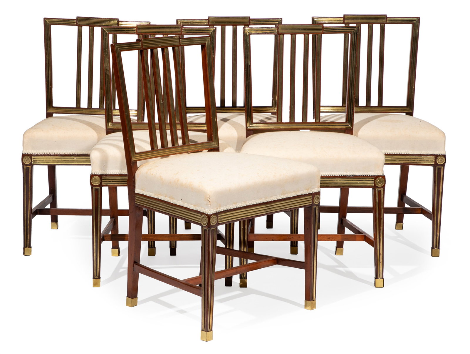 Fine Set of Six Russian Neo-Classical Brass Mounted Mahogany Side Chairs: Fine Set of Six Russian Neo-Classical Brass Mounted Mahogany Side Chairs 19th c., in the manner of Christian Meyer, Saint Petersburg, Russia, reeded brass inlaid frame, slat back, rosette mounted corn