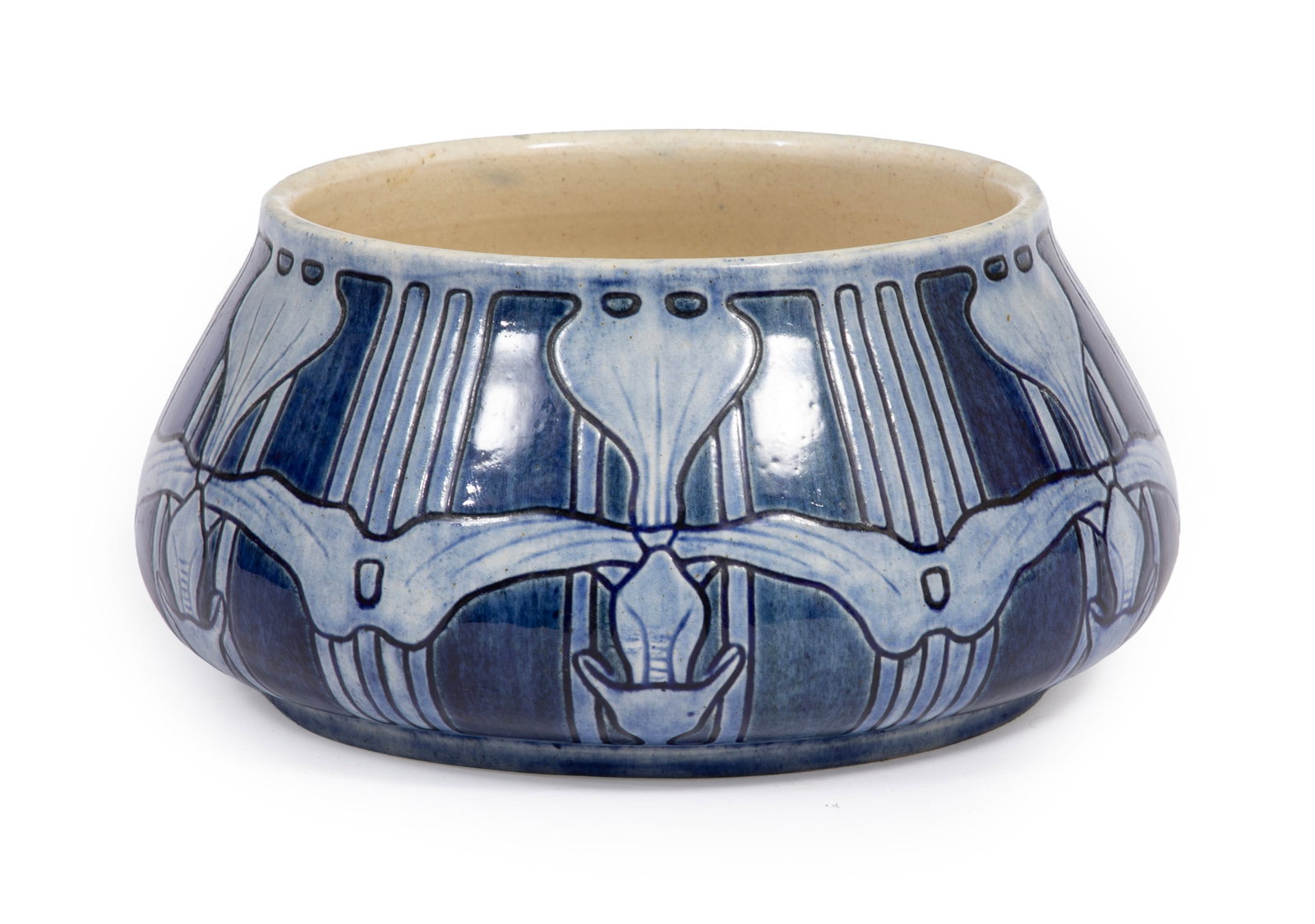 Newcomb College Art Pottery High Glaze Bowl: Newcomb College Art Pottery High Glaze Bowl 1903, decorated by Esther Huger Elliot, incised with stylized irises, cross-section plant designs and vertical bands in underglazes of blue, base marked wit