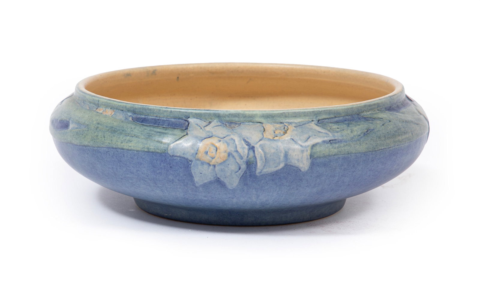 Newcomb College Art Pottery Bowl: Newcomb College Art Pottery Bowl 1921, decorated by Sadie Irvine with a garland of narcissus in low relief with green, pink and blue underglaze, base marked with Newcomb cipher, decorator's mark, Jose