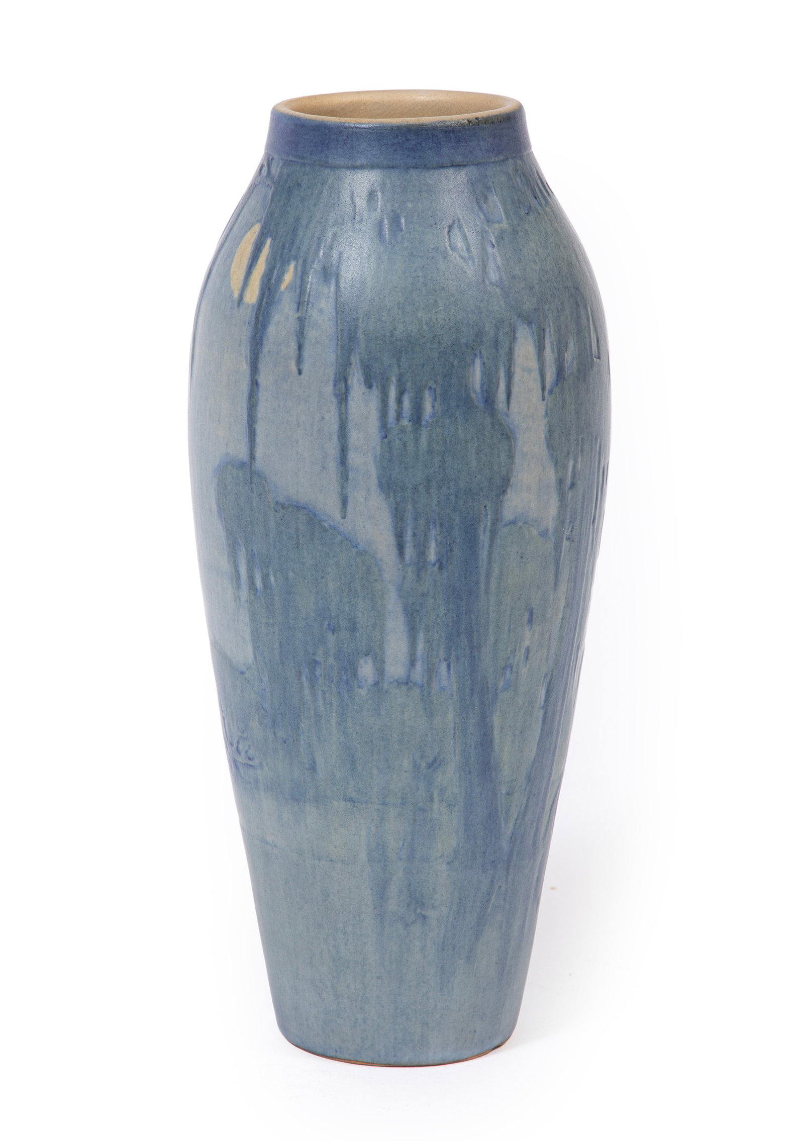 Newcomb College Art Pottery Vase: Newcomb College Art Pottery Vase 1919, decorated by Sadie Irvine in a "Moon and Moss" design, with Newcomb cypher, decorator's mark, Joseph Meyer's potter's mark, shape "133", and reg. no. KA89, h. 10