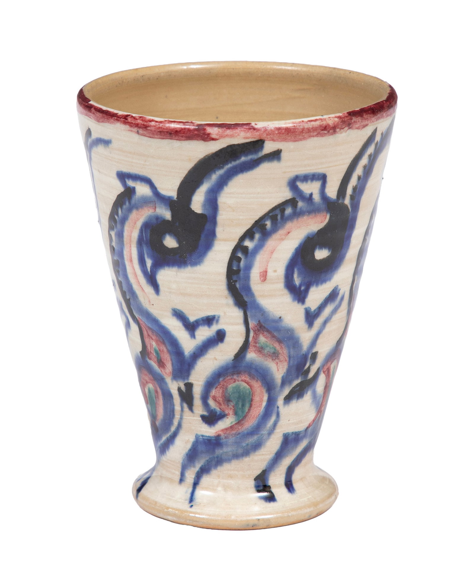 Shearwater Art Pottery Goblet: Shearwater Art Pottery Goblet c. 1935, decorated by Walter Inglis Anderson, with stylized antelopes, h. 4 1/2 in., dia. 3 1/2 in. Provenance: Collection of Cynthia A. Samuel, New Orleans, LA.