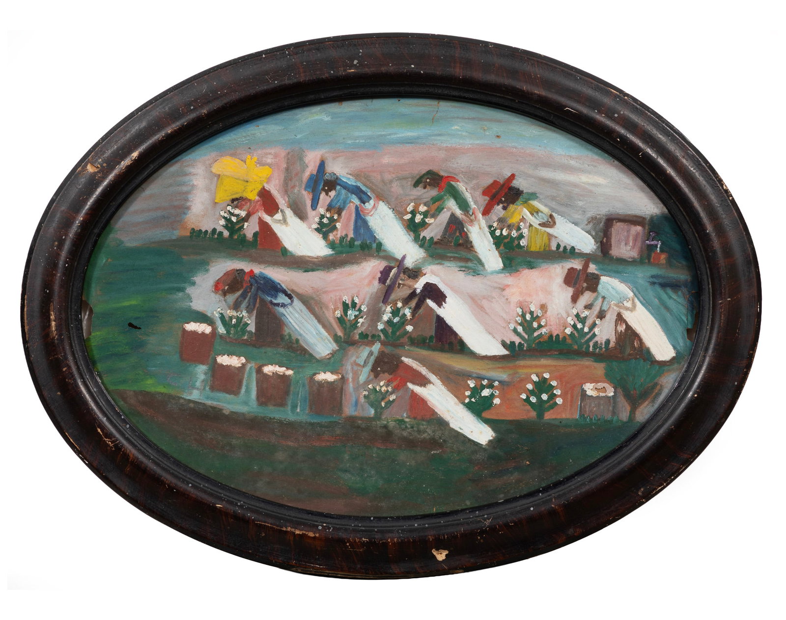 Clementine Hunter, American/Louisiana 1886-1988, ?Cotton Picking?, oil on wallpaper (1 of 5)