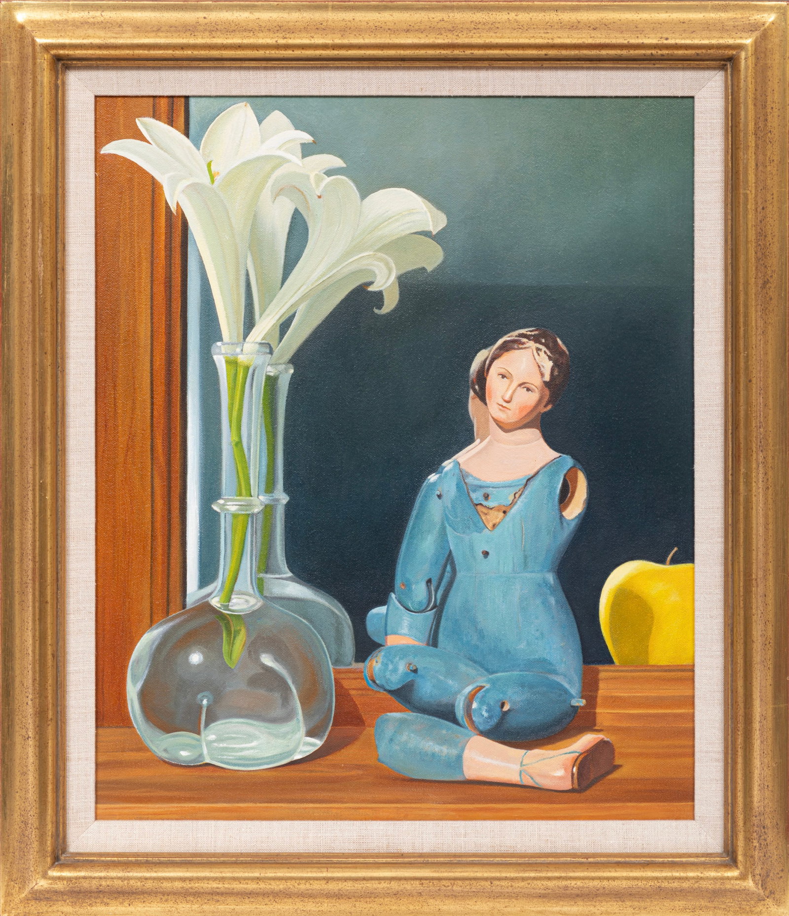 Edgar Soberon, Cuban b. 1962, ?Virgen con Lirios?, oil on gallery-wrapped canvas: Edgar Soberon Cuban, b. 1962 ?Virgen con Lirios? oil on gallery-wrapped canvas 1999, signed, titled, dated and inscribed "Mexico" en verso, framed. 18 7/8 x 16 5/8 in. (47.9 x 42.2 cm.), Frame: 23 1/2