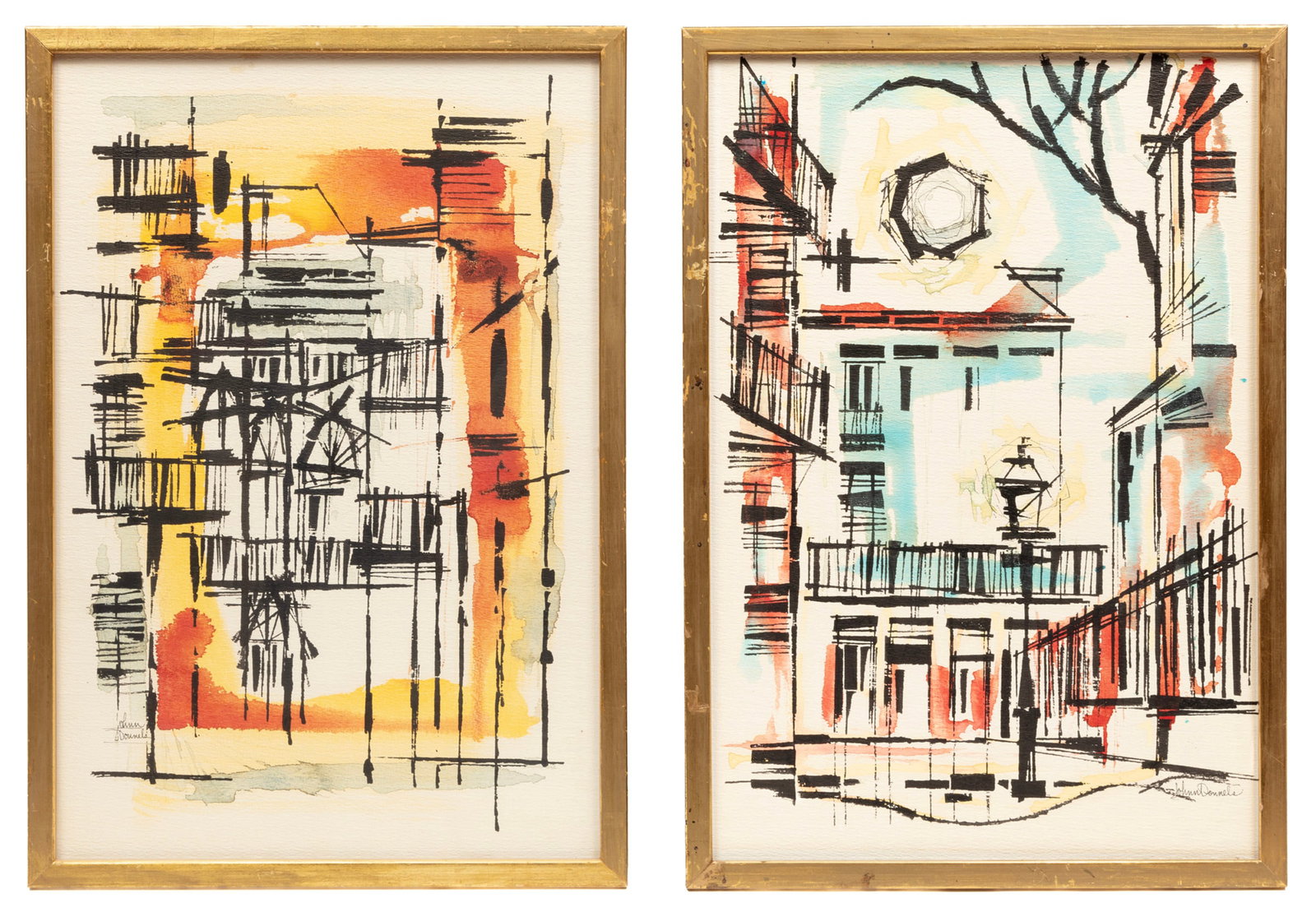 Johnny Donnels, American/Louisiana 1924-2009, "French Quarter Scenes", 2 watercolors and ink on: Johnny Donnels American/Louisiana, 1924-2009 "French Quarter Scenes" 2 watercolors and ink on paper laid on board signed lower left or right, framed alike. (2 pcs.) Each: 22 1/8 x 15 in. (56.2 x 38.1 