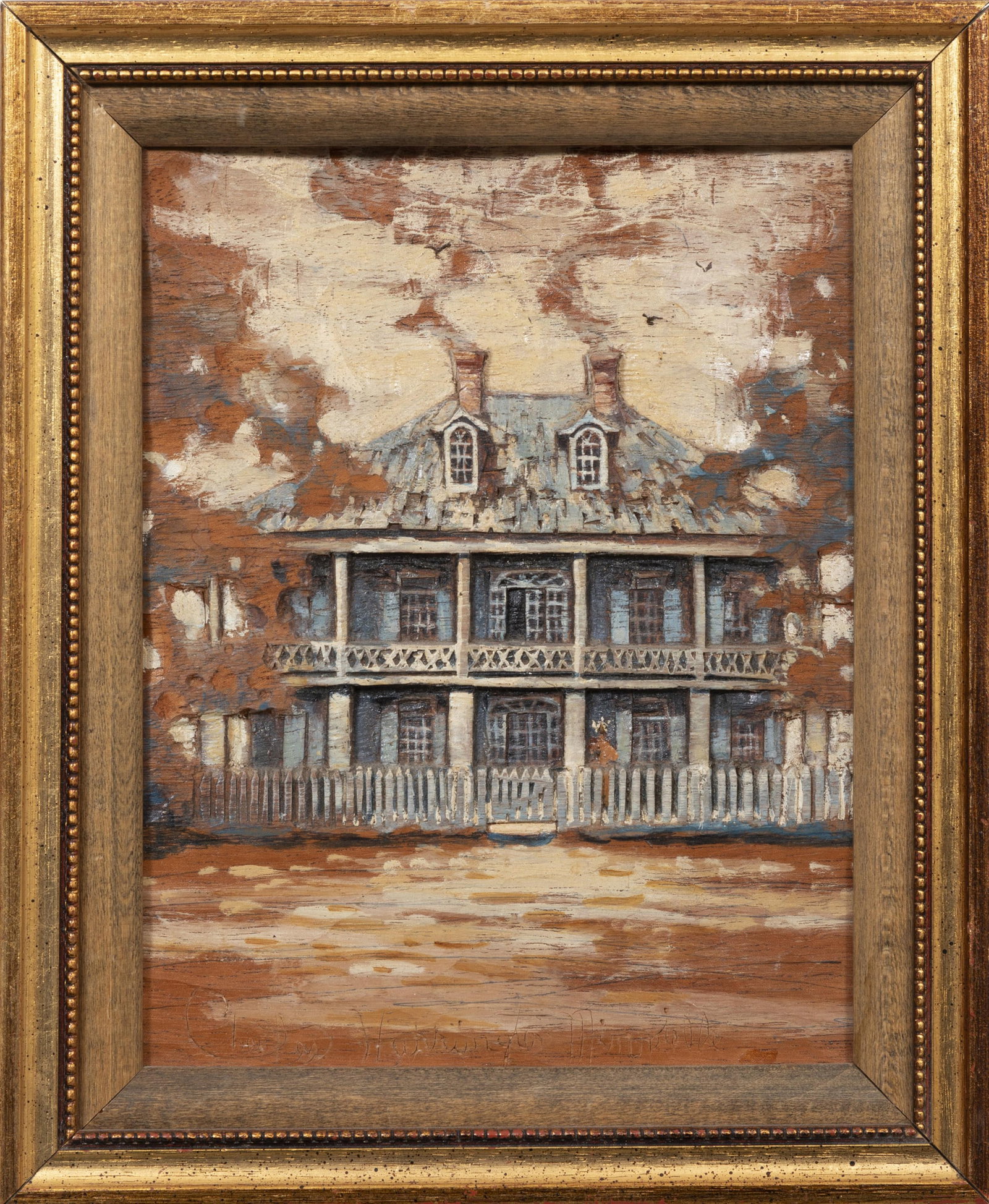 Chestee Harrington, American/Louisiana b. 1941, "Labatut House, New Roads, La.", oil on carved wood: Chestee Harrington American/Louisiana, b. 1941 "Labatut House, New Roads, La." oil on carved wood signed "Chestee Harrington Minvielle" along lower edge, pencil-titled, printed label with title and "N
