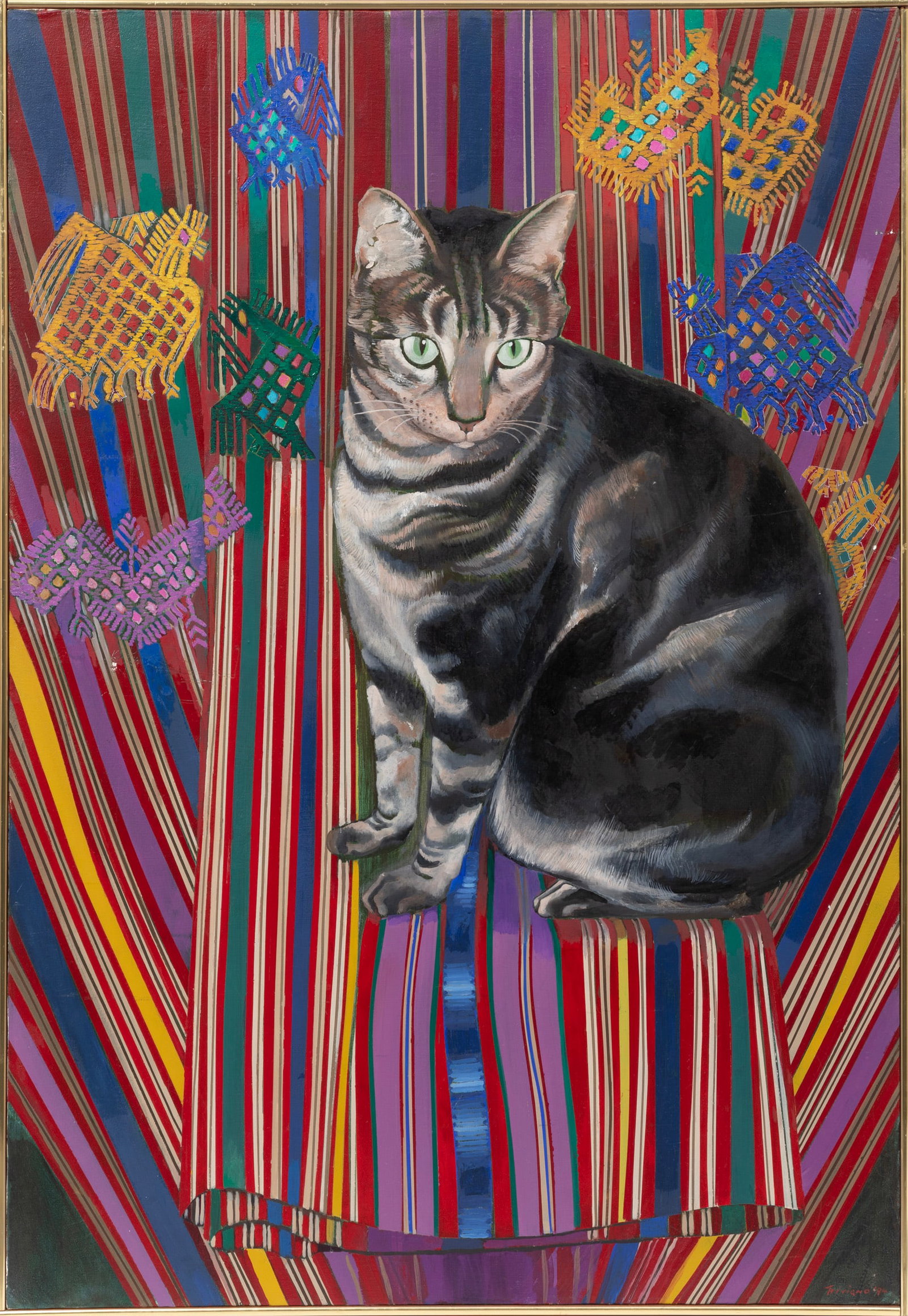 Pat Trivigno, American/Louisiana 1922-2013, "Tabby Cat on Textiles", oil on canvas (1 of 3)