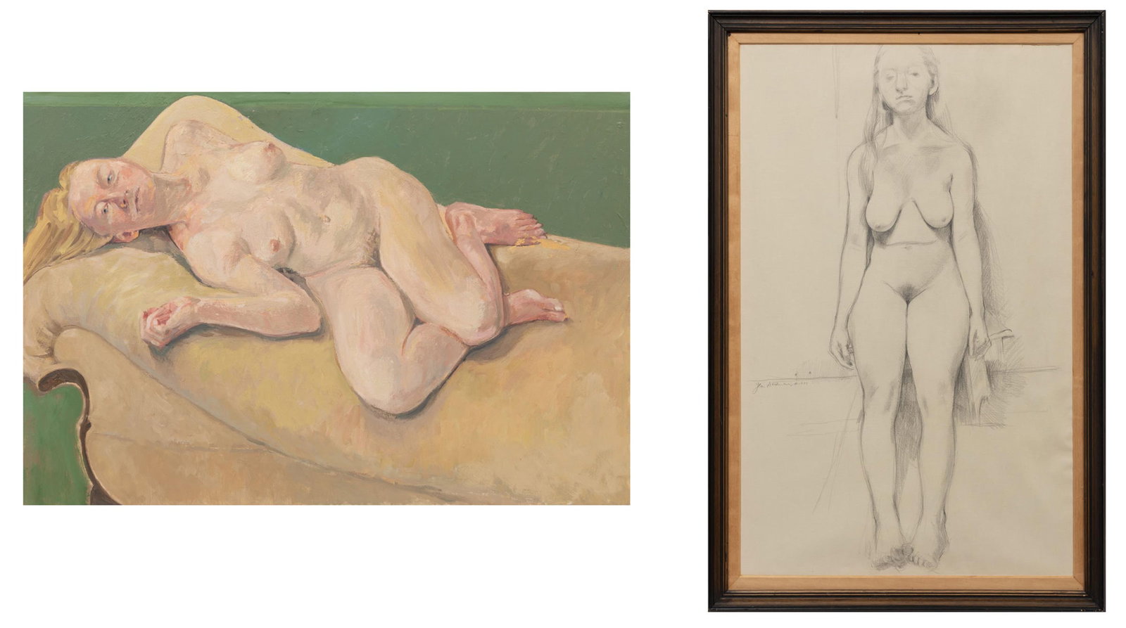 Jean Seidenberg, American/Louisiana 1930-2022, "Melanie Recumbent" and "Melinda on a Low Stool", oil: Jean Seidenberg American/Louisiana, 1930-2022 "Melanie Recumbent" and "Melinda on a Low Stool" oil on canvas and graphite on Zerkall Nideggen paper 2004-2006 and 1999, former signed, titled and dated 