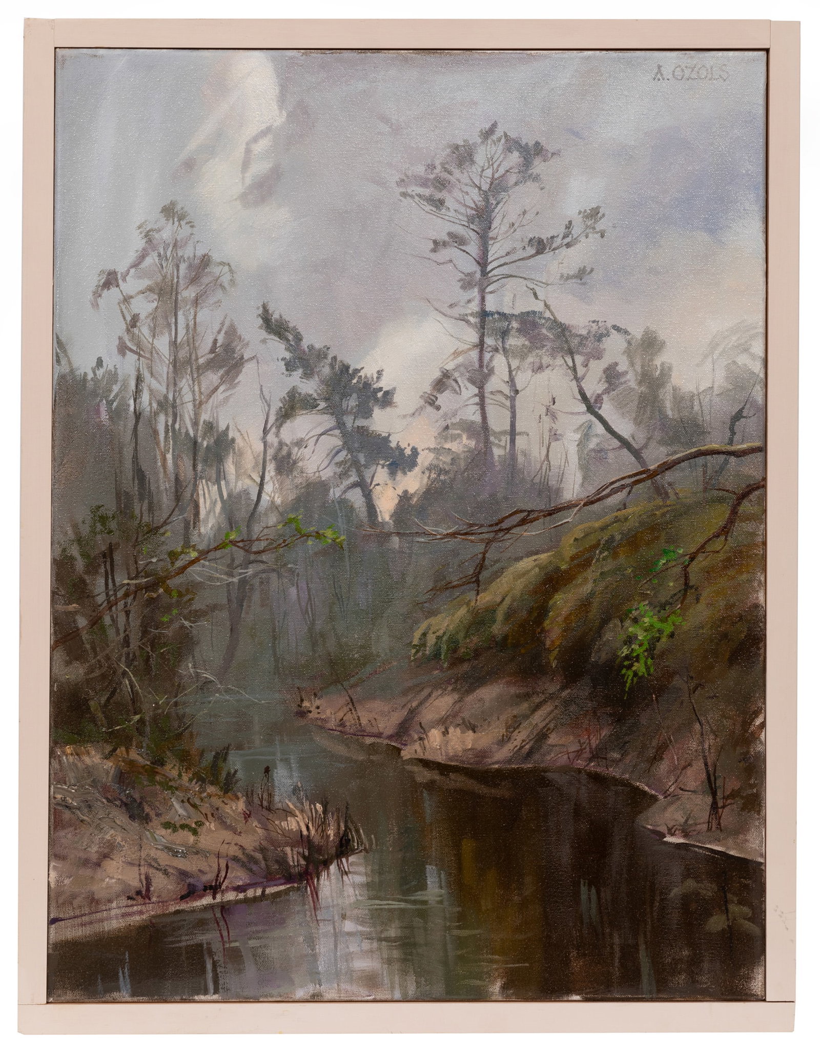 Auseklis Ozols, Latvian/Louisiana b. 1941, "Reaching (Abita Springs), oil on canvas: Auseklis Ozols Latvian/Louisiana, b. 1941 "Reaching (Abita Springs) oil on canvas 2014, signed upper right, signed, titled, dated, inscribed "4" and artist card on stretcher, printed label with artist