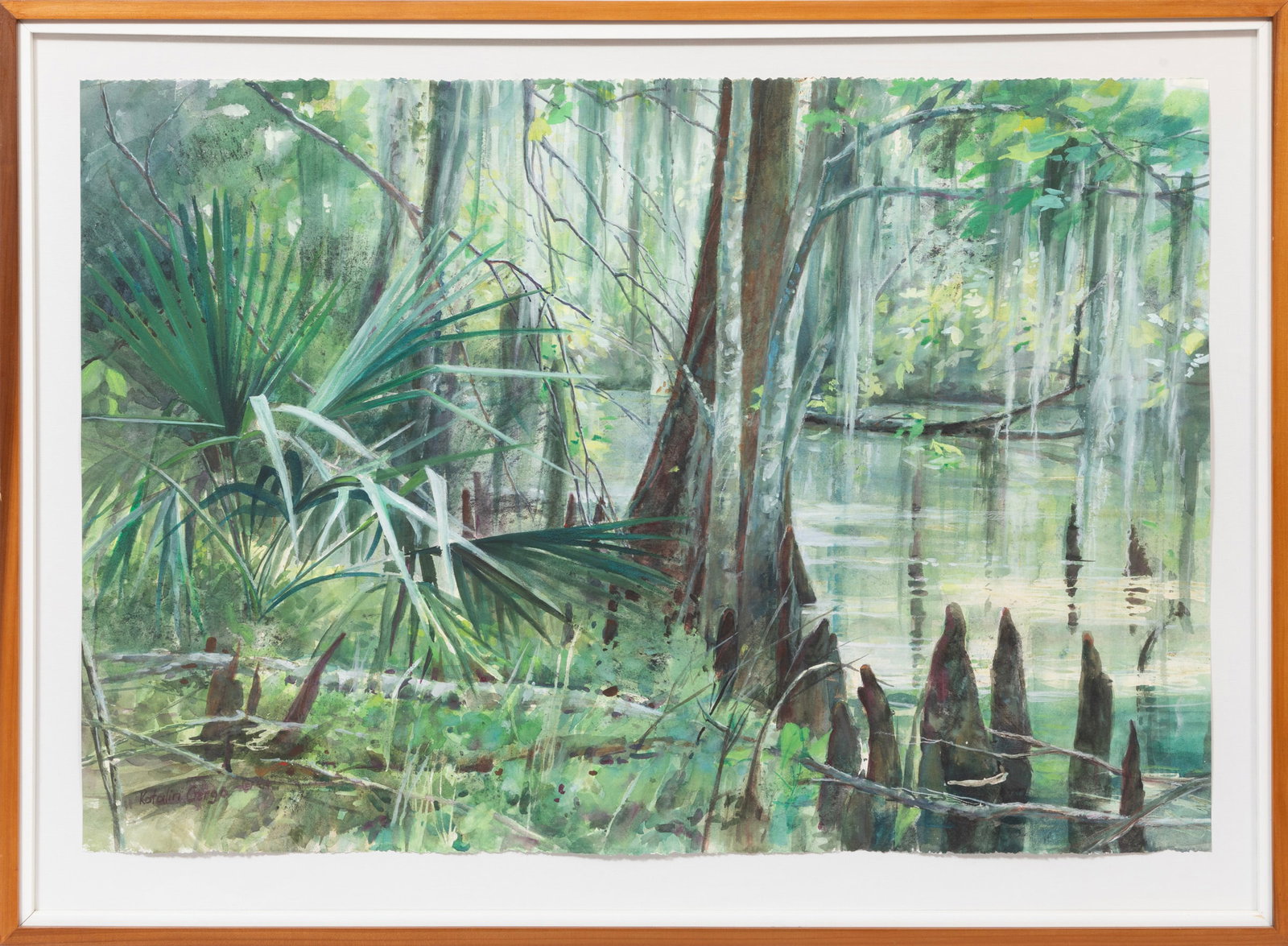Kathy Gergo, Hungarian/Louisiana d. 2016, "Primeval Moods (Grey Stillness)", watercolor on paper: Kathy Gergo Hungarian/Louisiana, d. 2016 "Primeval Moods (Grey Stillness)" watercolor on paper mounted to board 2004, signed and dated lower left, printed label with title on backing board, framed. Pr