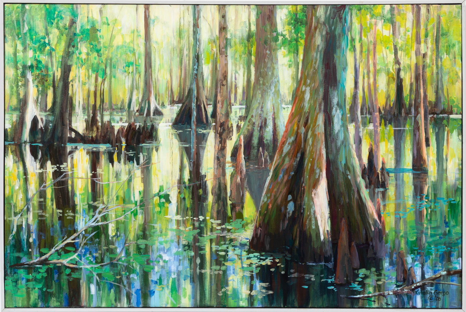 Kathy Gergo, Hungarian/Louisiana d. 2016, "Swamp Scene", oil on canvas: Kathy Gergo Hungarian/Louisiana, d. 2016 "Swamp Scene" oil on canvas 2006, signed and dated lower right, titled on stretcher, framed. Provenance: Collection of Cynthia A. Samuel, New Orleans, LA. 24 x