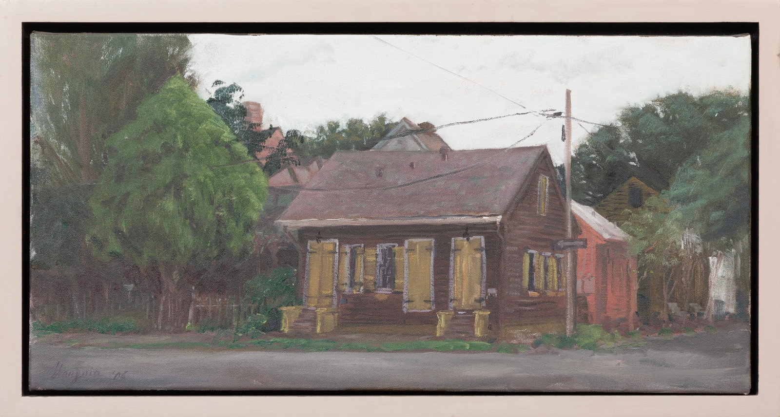 Diego Larguia, Argentinian/Louisiana 20th c., "Corner House with Yellow Shutters", oil on canvas (1 of 3)