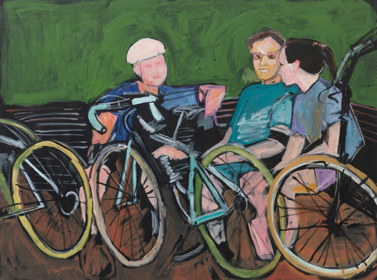 Rise Delmar-Ochsner, American/Louisiana 1944-2025, "Bikers on a Bench?, acrylic on gallery-wrapped: Rise Delmar-Ochsner American/Louisiana, 1944-2025 "Bikers on a Bench? acrylic on gallery-wrapped canvas unsigned, unframed. 35 7/8 x 48 x 1 1/2 in. (91.1 x 121.9 x 3.8 cm.)
