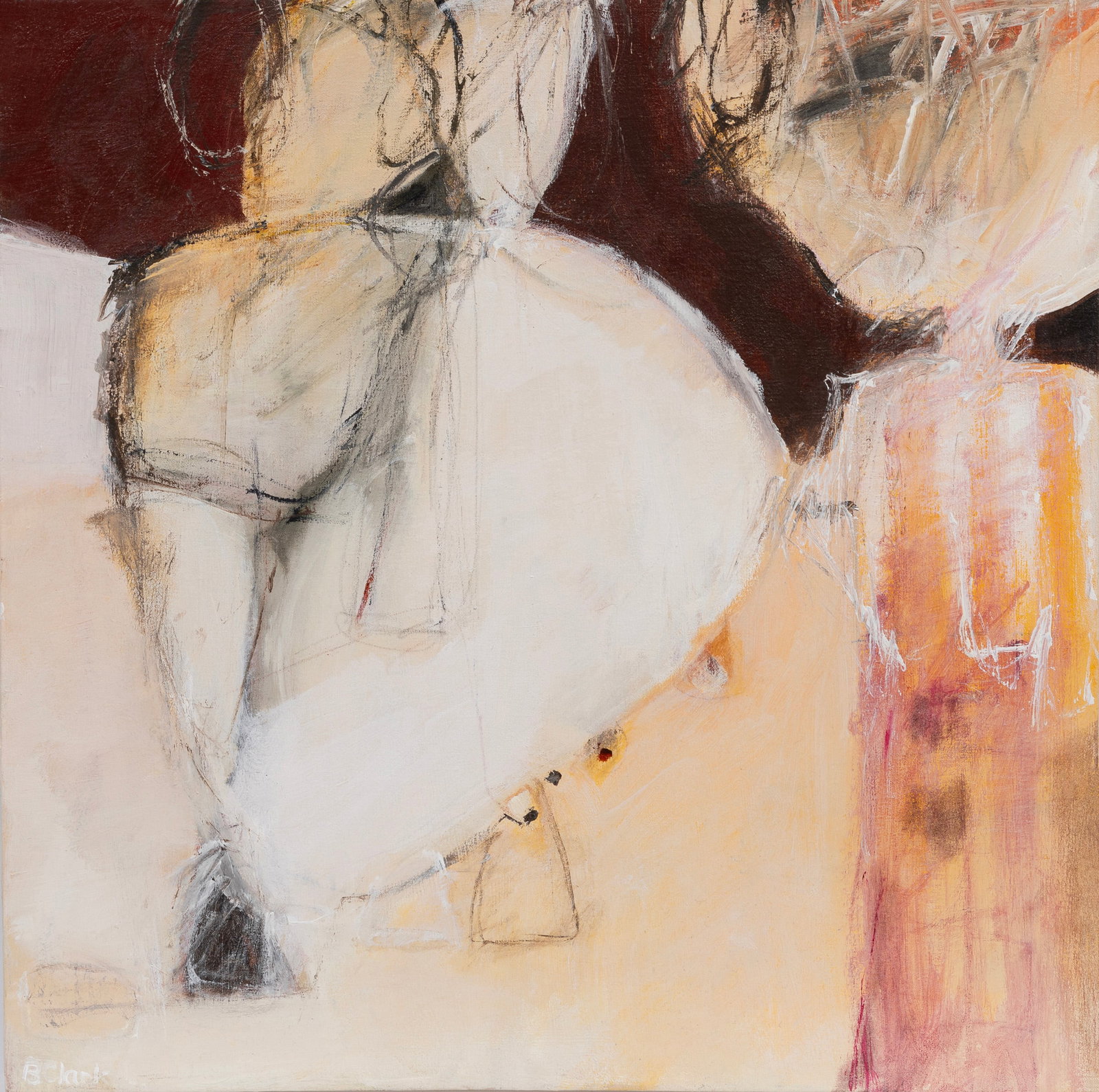 Betty Clark, American/Louisiana b. 1944, "Two Figures, Forward", oil on gallery-wrapped canvas: Betty Clark American/Louisiana, b. 1944 "Two Figures, Forward" oil on gallery-wrapped canvas signed lower left, titled en verso, unframed. 24 1/8 x 24 1/8 in. (61.3 x 61.3 cm.)