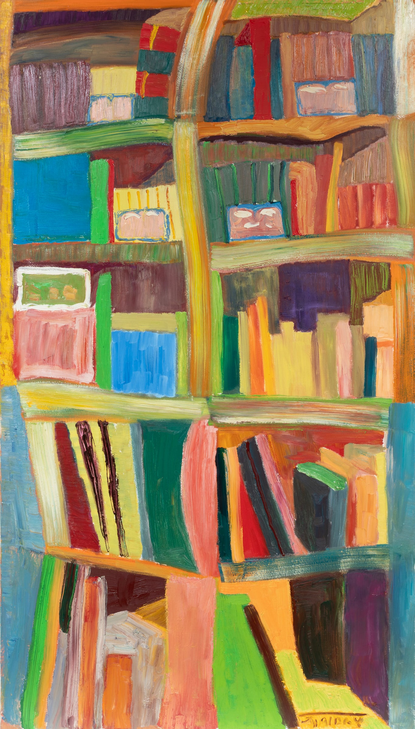 Natalie Gaidry, American/Louisiana b. 1961, ?Ari?s Bookshelves?, oil on canvas: Natalie Gaidry American/Louisiana, b. 1961 ?Ari?s Bookshelves? oil on canvas 2004, signed lower right, titled on left and right tacking edges, titled, dated and inscribed "42358" on stretcher, unframe