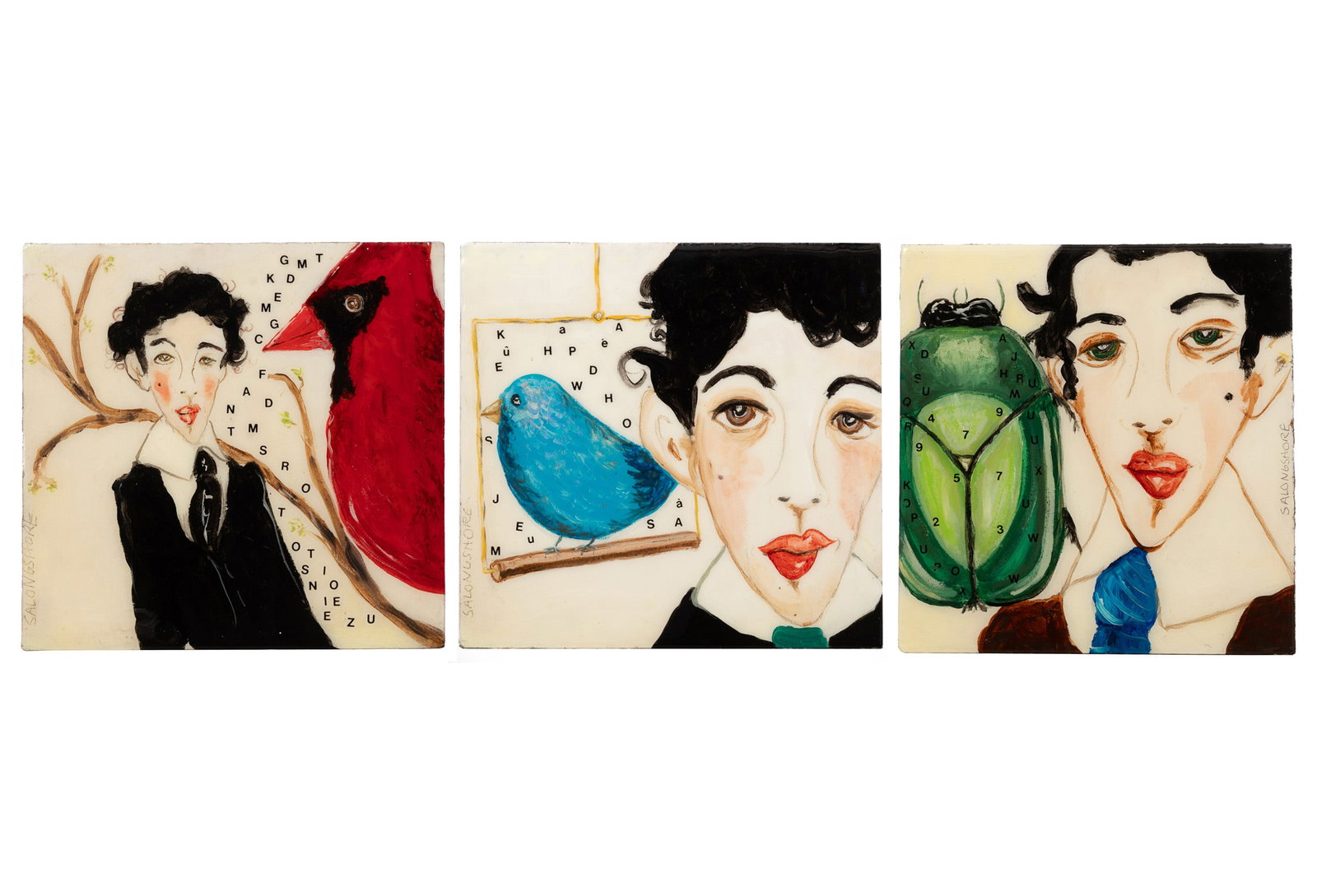Ashley Longshore, American b. 1975, ?Dandies?, 3 acrylics and resin on panel: Ashley Longshore American, b. 1975 ?Dandies? 3 acrylics and resin on panel 2007, 2 signed lower left, one signed mid-right, each signed and dated en verso, unframed. (3 pcs.) 11 5/8 x 12 1/8 in. (29.5