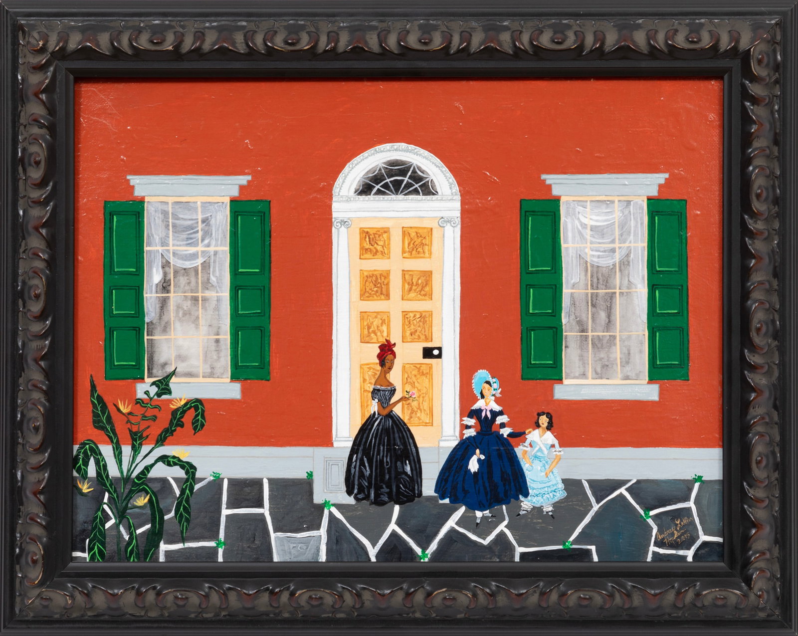 Andrew LaMar Hopkins, American/Louisiana b. 1977, ?Marie Laveau and Daughters?, acrylic on canvas: Andrew LaMar Hopkins American/Louisiana, b. 1977 ?Marie Laveau and Daughters? acrylic on canvas board 2015, signed and dated lower right, signed, titled, dated and artist business card en verso, frame