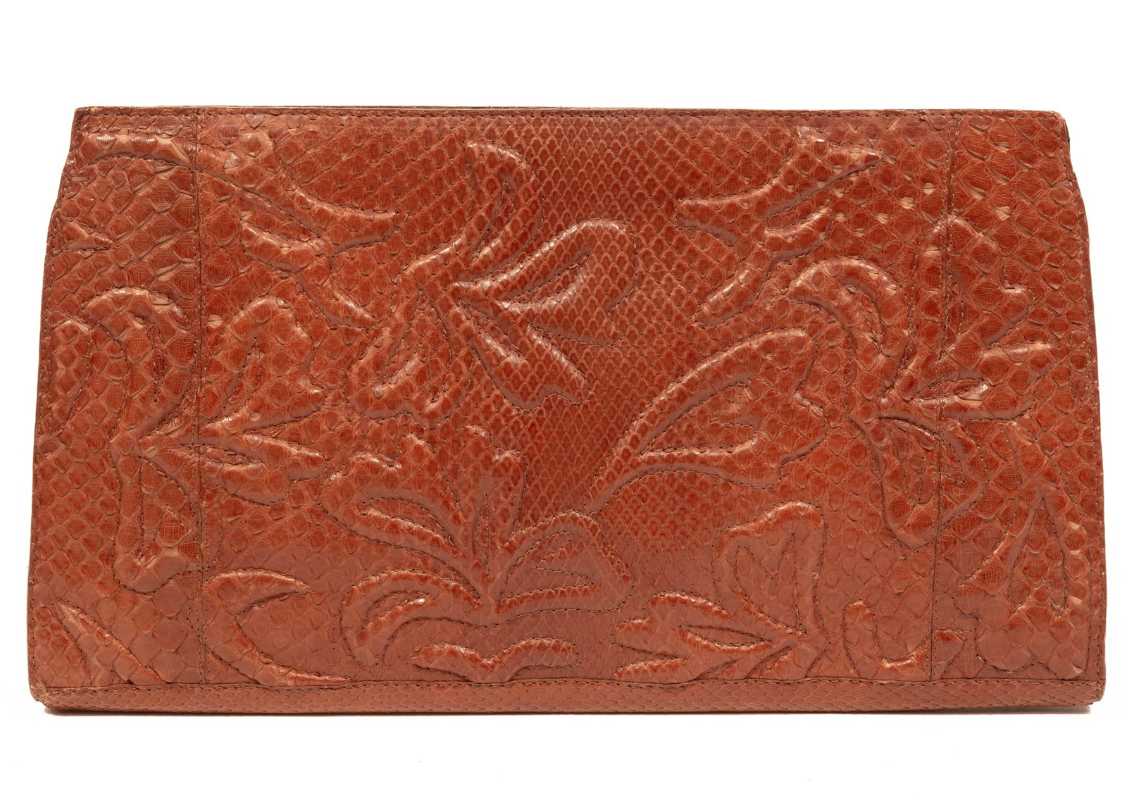 Nancy Gonzalez Python Leather Embroidered Clutch: Nancy Gonzalez Python Leather Embroidered Clutch labeled, magnetic closure, h. 7 in., w. 11 in.;