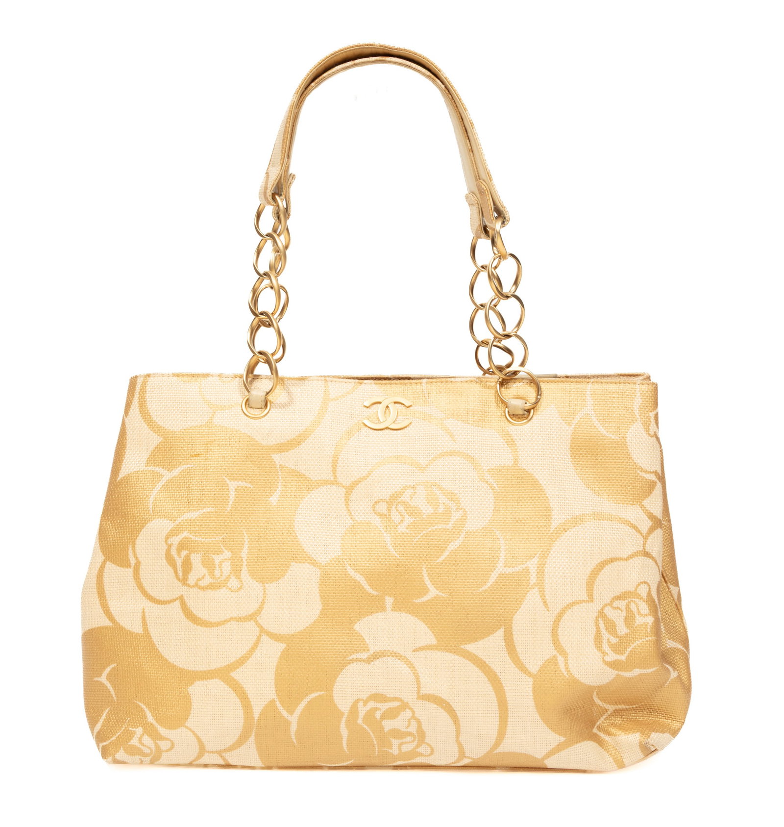 Vintage Chanel Camelia Raffia Tote Bag: Vintage Chanel Camelia Raffia Tote Bag c. 2003-04, Karl Lagerfeld, made in Italy, gold-tone hardware, chain link straps, CC logo, logo jacquard lining and dual interior pockets, interior with serial n