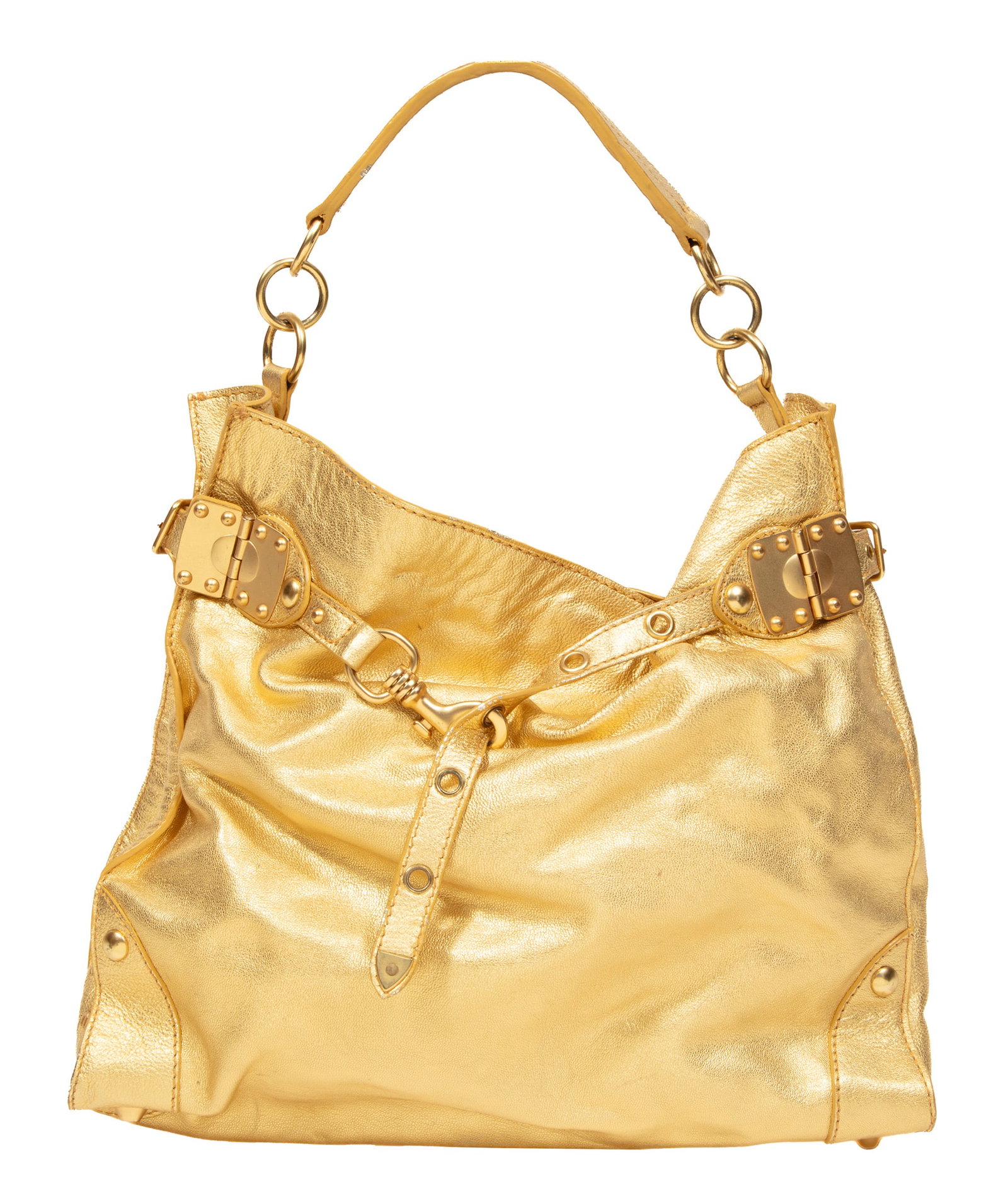Vintage Miu Miu Metallic Gold Leather Buckle Tote: Vintage Miu Miu Metallic Gold Leather Buckle Tote gold-tone hardware, h. 13 in., w. 14 1/2 in., d. 4 in., strap drop h. 6 in.