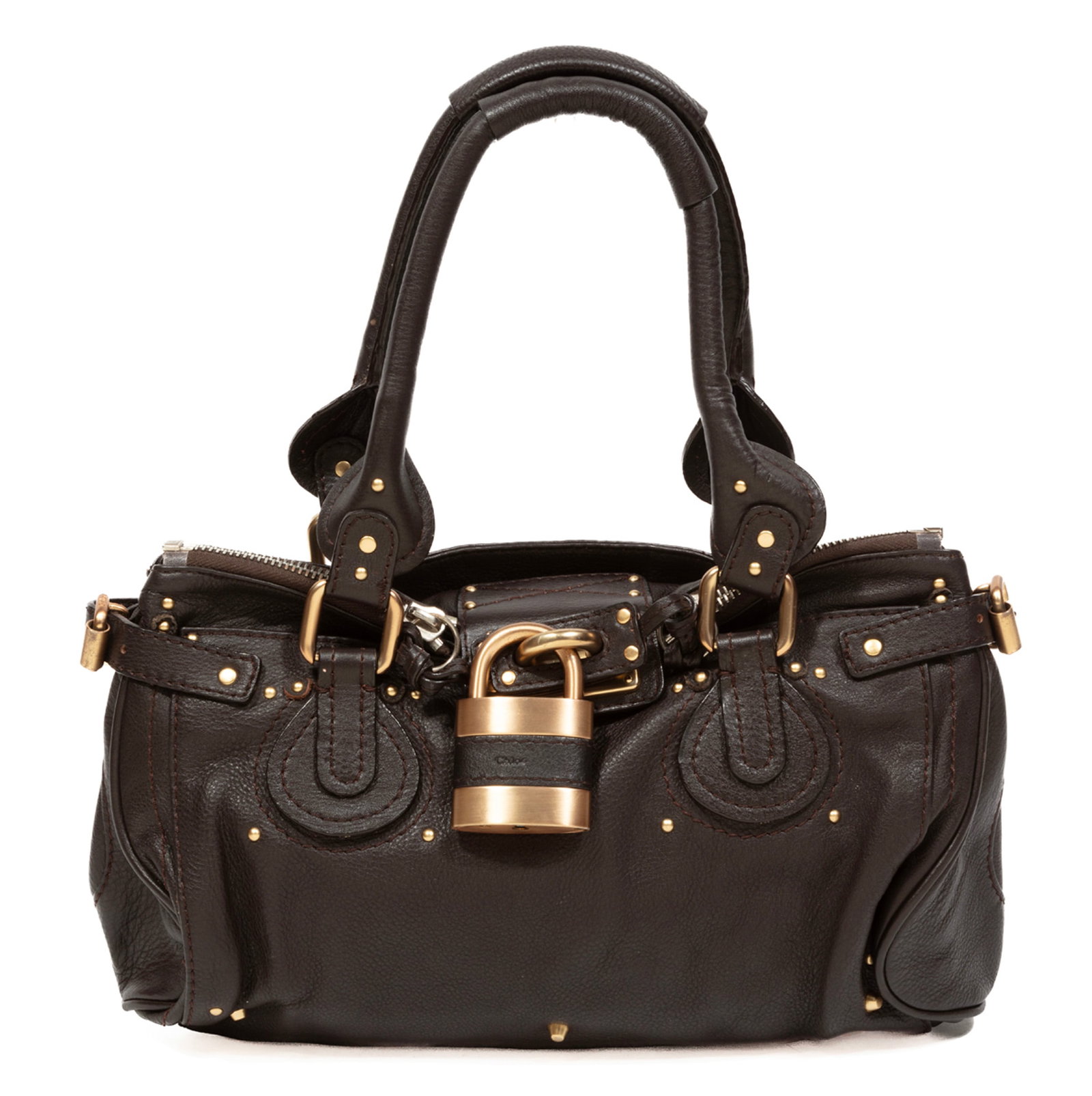 Vintage Chloe Brown Leather Top Handle Bag: Vintage Chloe Brown Leather Top Handle Bag brass hardware, lock with key, rolled handles and dual shoulder straps, canvas lining, zip closure, h. 9 1/2 in., w. 12 3/4 in., d. 5 3/4 in.; strap drop h. 