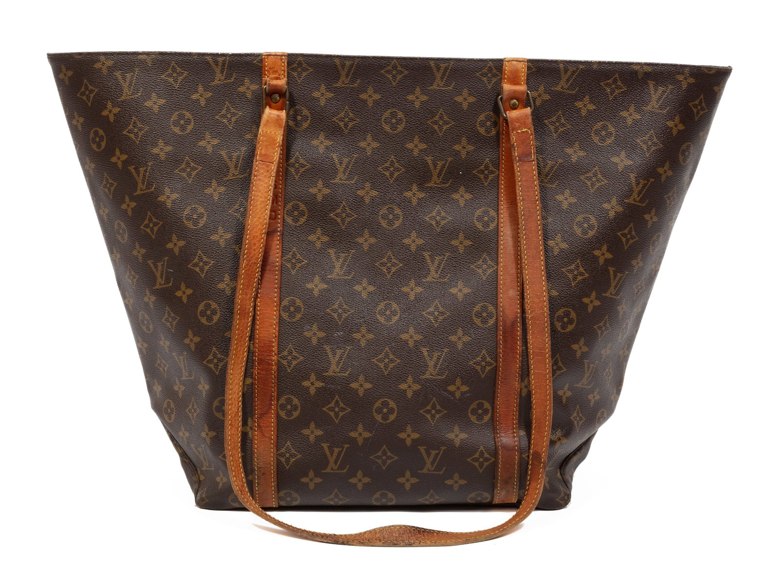 Vintage Louis Vuitton Sac Shopping in Brown Monogram Coated Canvas: Vintage Louis Vuitton Sac Shopping in Brown Monogram Coated Canvas leather trim with impressed SMD monograms, h. 14 in., w. 23 1/2 in., d. 6 in., strap drop h. 16 in.