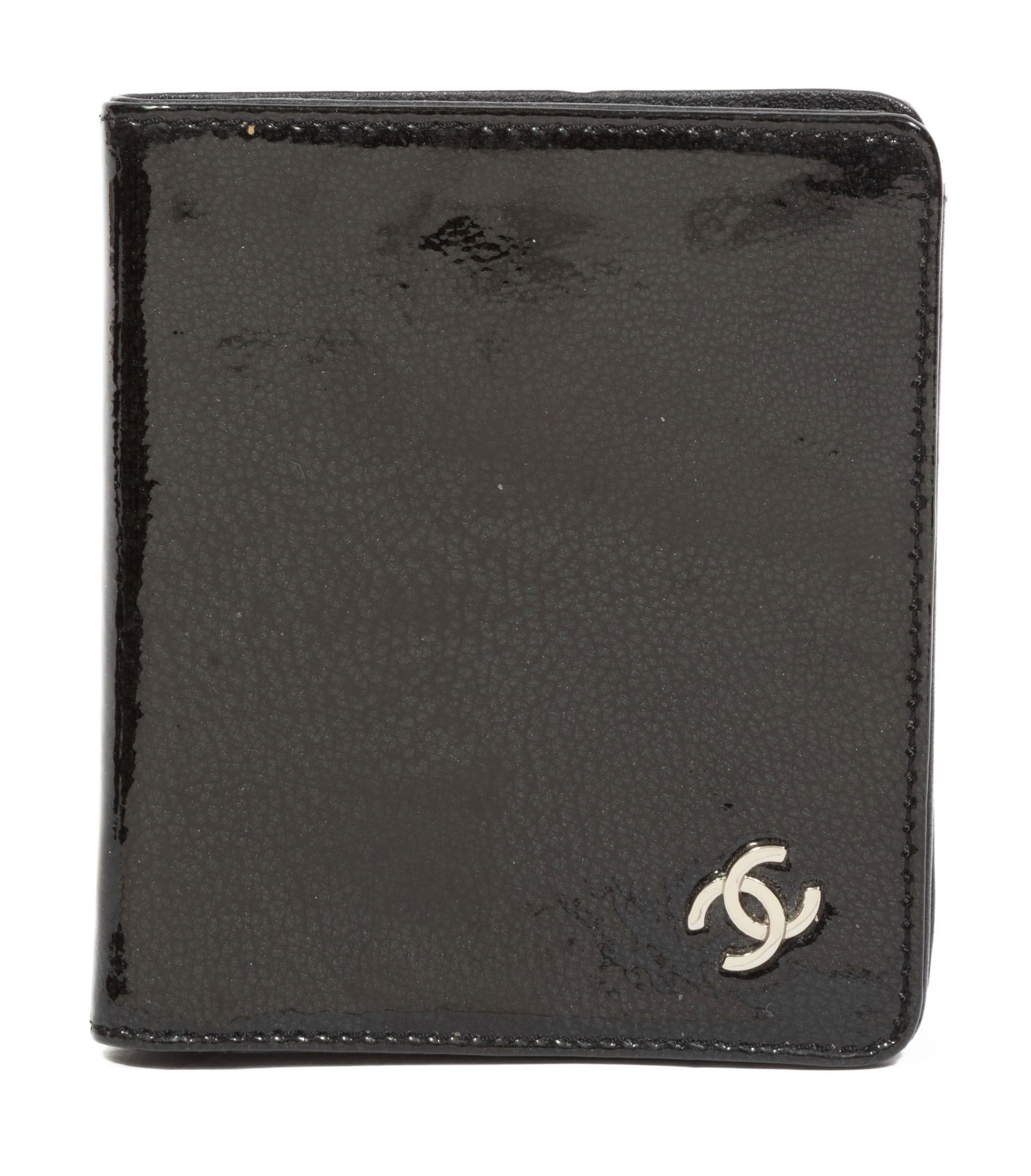 Vintage Chanel Black Patent Leather Bifold Wallet: Vintage Chanel Black Patent Leather Bifold Wallet silver-tone logo, interior with serial number 11855796 and serial card, h. 4 1/2 in., w. 4 in., d. 1/2 in.; with original box.