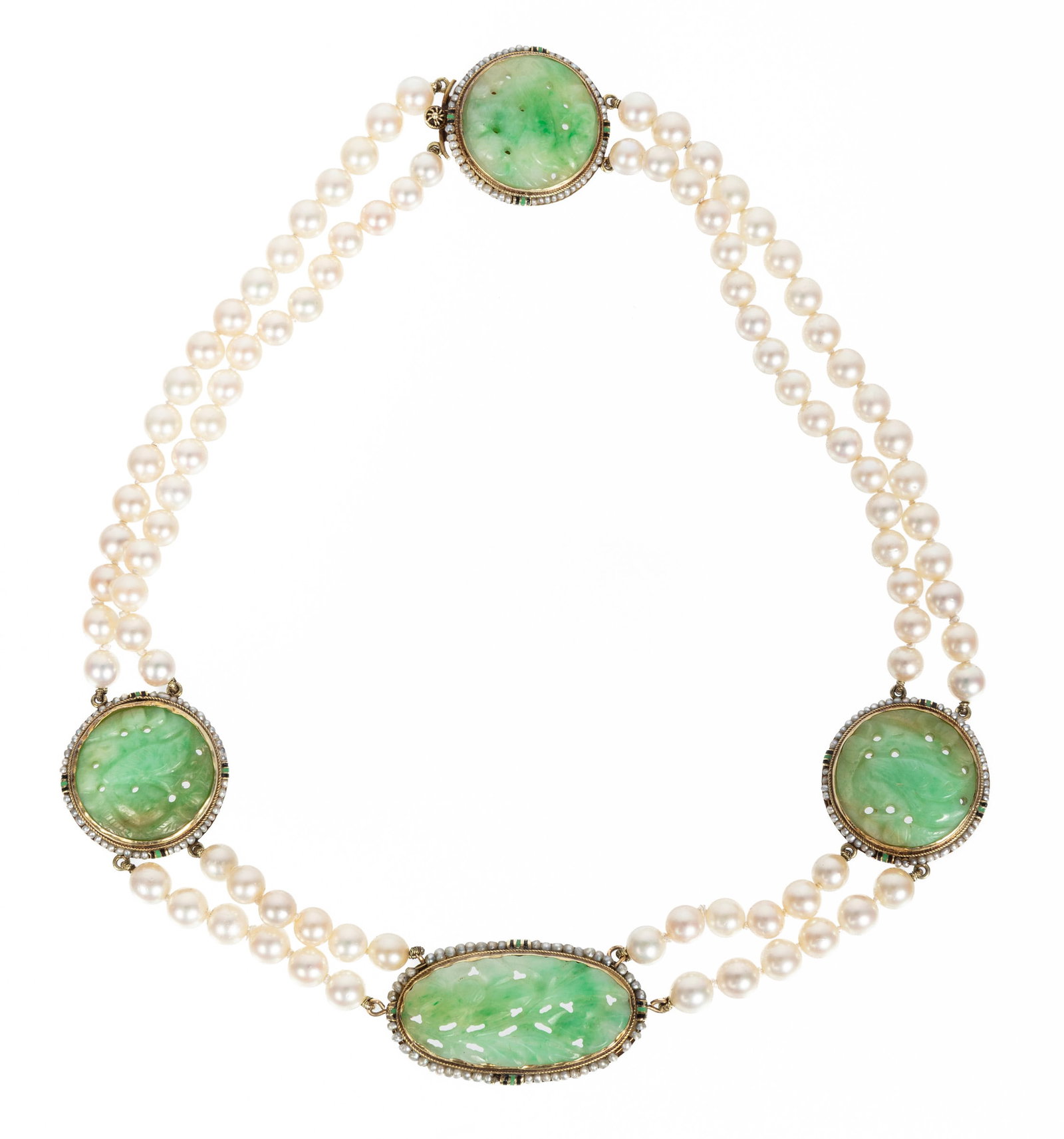 14 kt. Yellow Gold, Jadeite and Cultured Freshwater Pearl Necklace: 14 kt. Yellow Gold, Jadeite and Cultured Freshwater Pearl Necklace double strand of 301 greyish silver cultured freshwater pearls, 5.60 x 1.00 mm; mounted with 4 fancy carved jadeite plaques, 30.60 x 